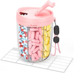 Large Pill Dispenser with 6 Compartments, Anti-Mix Pill Bottle Organizer with Wide Opening & Easy Retrieval, Vitamin Organizer for Travel, BPA-Free Pill Box with a Strap, Pink