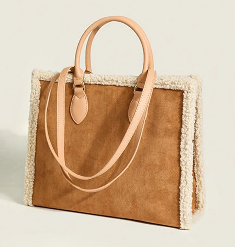 Large Suede Tote Purse for Women Furry Shoulder Crossbody Bag Handbags Fluffy Fuzzy Satchel for Autumn Winter