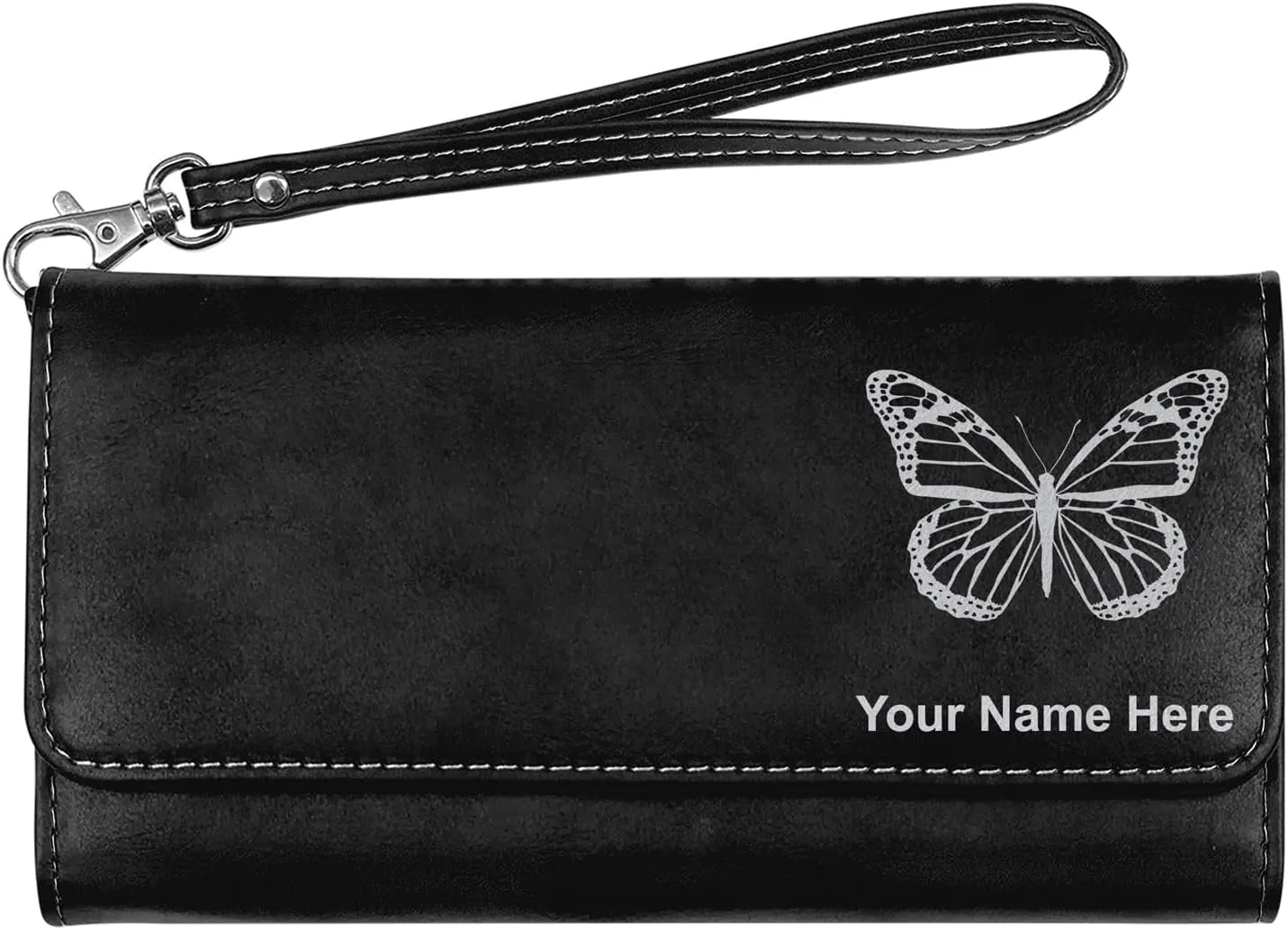 LaserGram Faux Leather Womens Wallet with Strap, Monarch Butterfly, Personalized Engraving Included (Black with Silver)