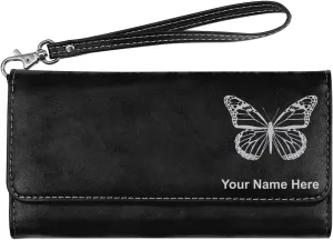LaserGram Faux Leather Womens Wallet with Strap, Monarch Butterfly, Personalized Engraving Included (Black with Silver)