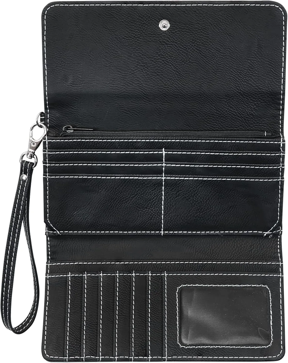 LaserGram Faux Leather Womens Wallet with Strap, Monarch Butterfly, Personalized Engraving Included (Black with Silver)