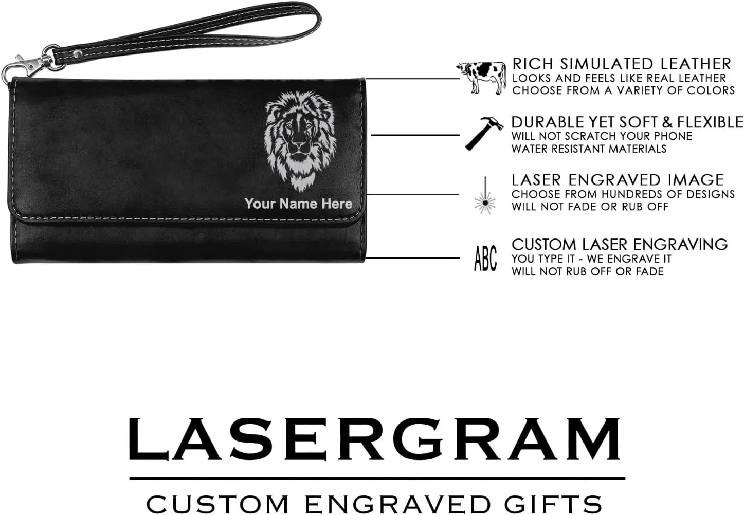 LaserGram Faux Leather Womens Wallet with Strap, Monarch Butterfly, Personalized Engraving Included (Black with Silver)