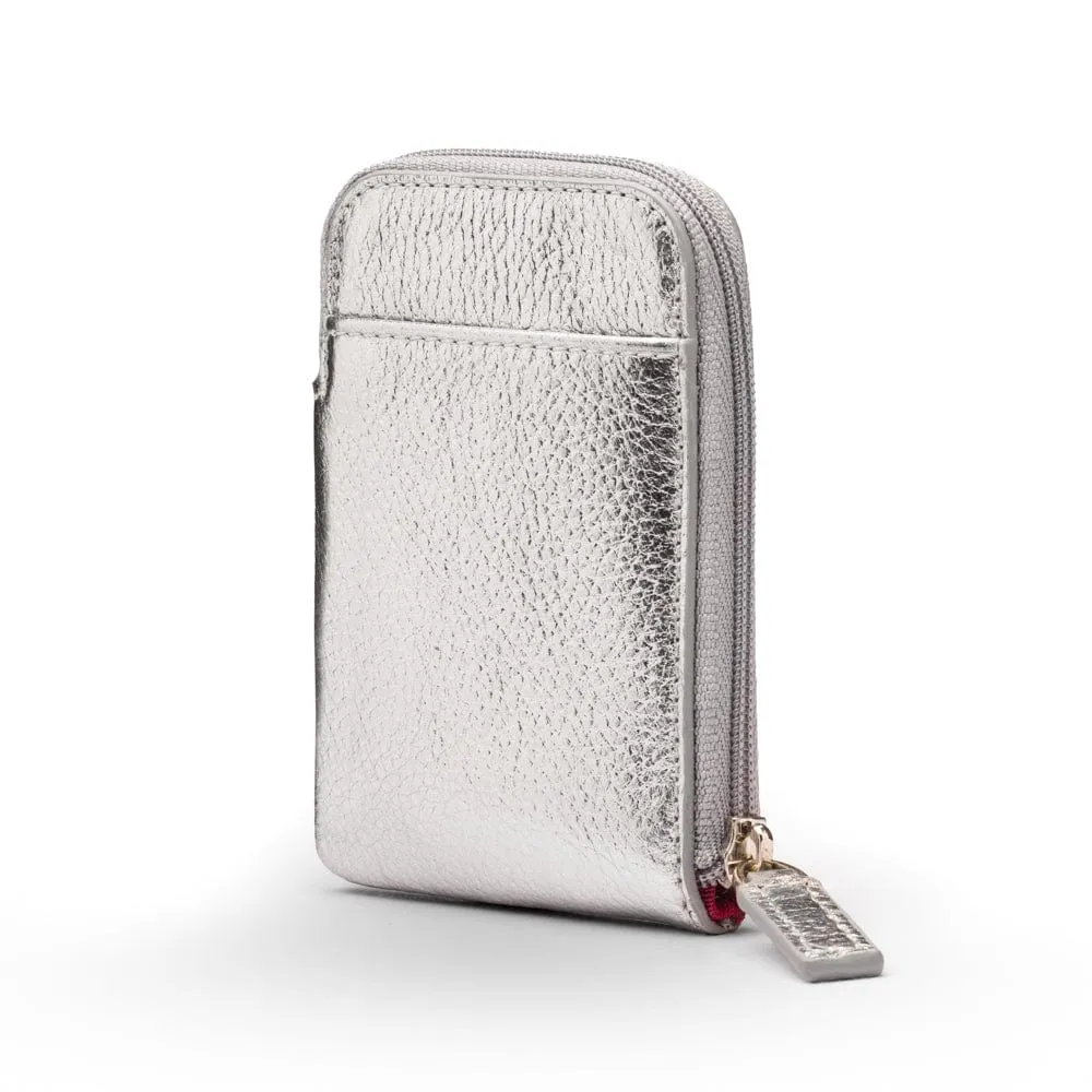 Leather Card Case With Zip - Silver