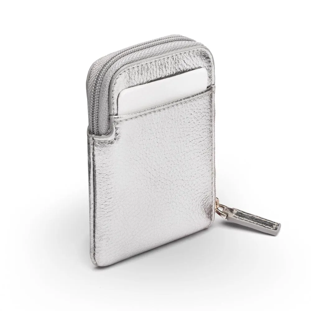 Leather Card Case With Zip - Silver