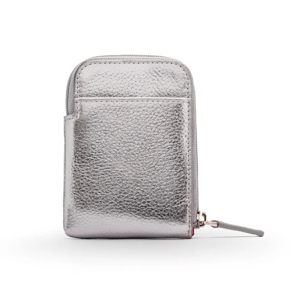 Leather Card Case With Zip - Silver