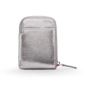 Leather Card Case With Zip - Silver