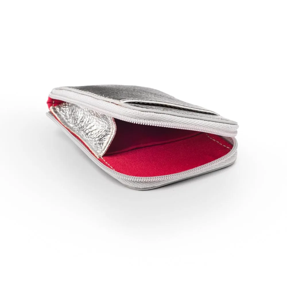 Leather Card Case With Zip - Silver