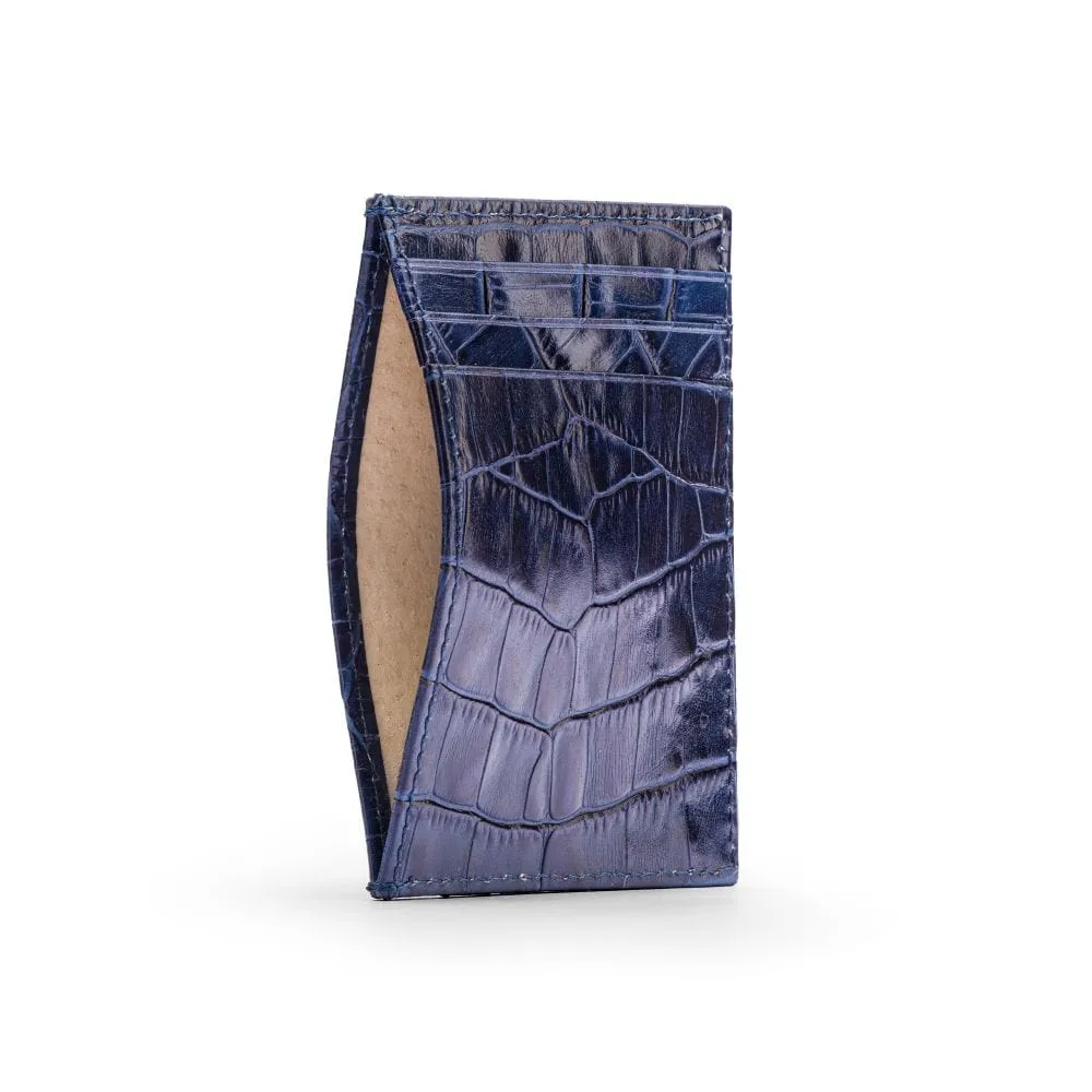 Leather Flat Credit Card Holder - Navy Croc-Effect