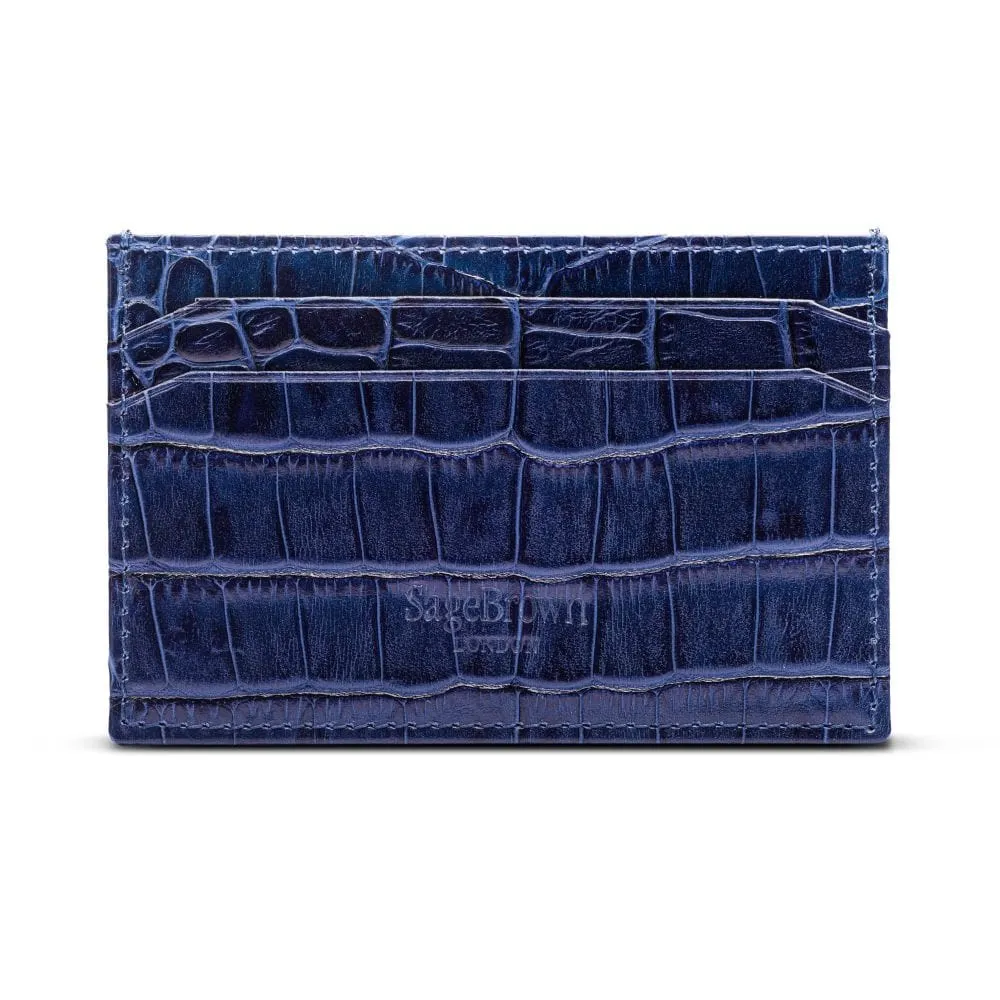 Leather Flat Credit Card Holder - Navy Croc-Effect