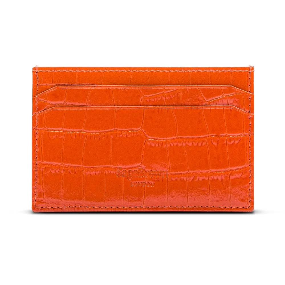 Leather Flat Credit Card Holder - Orange Croc-Effect