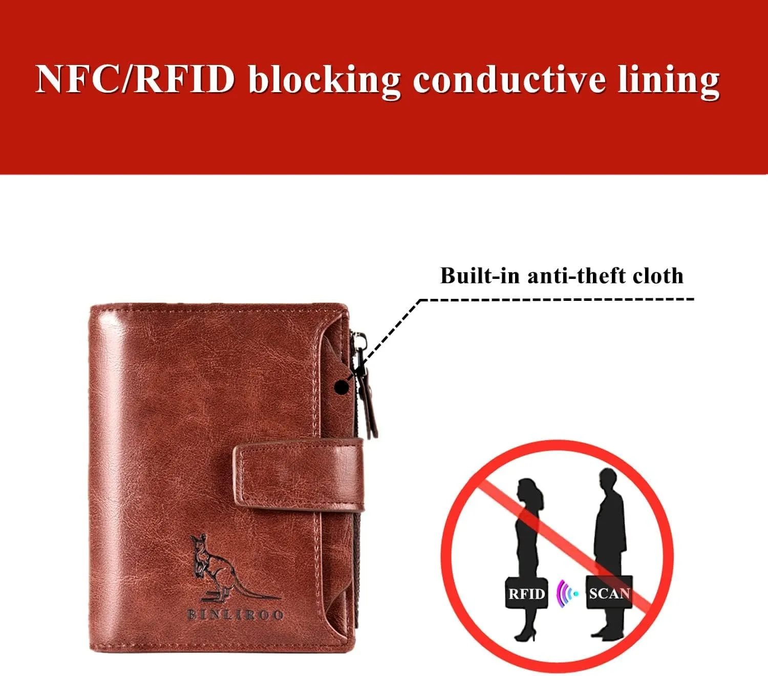 Leather Wallet for Men with zipper, RFID blocking bifold wallets with Separate ID Card window Cartera Para Hombre(Brown)