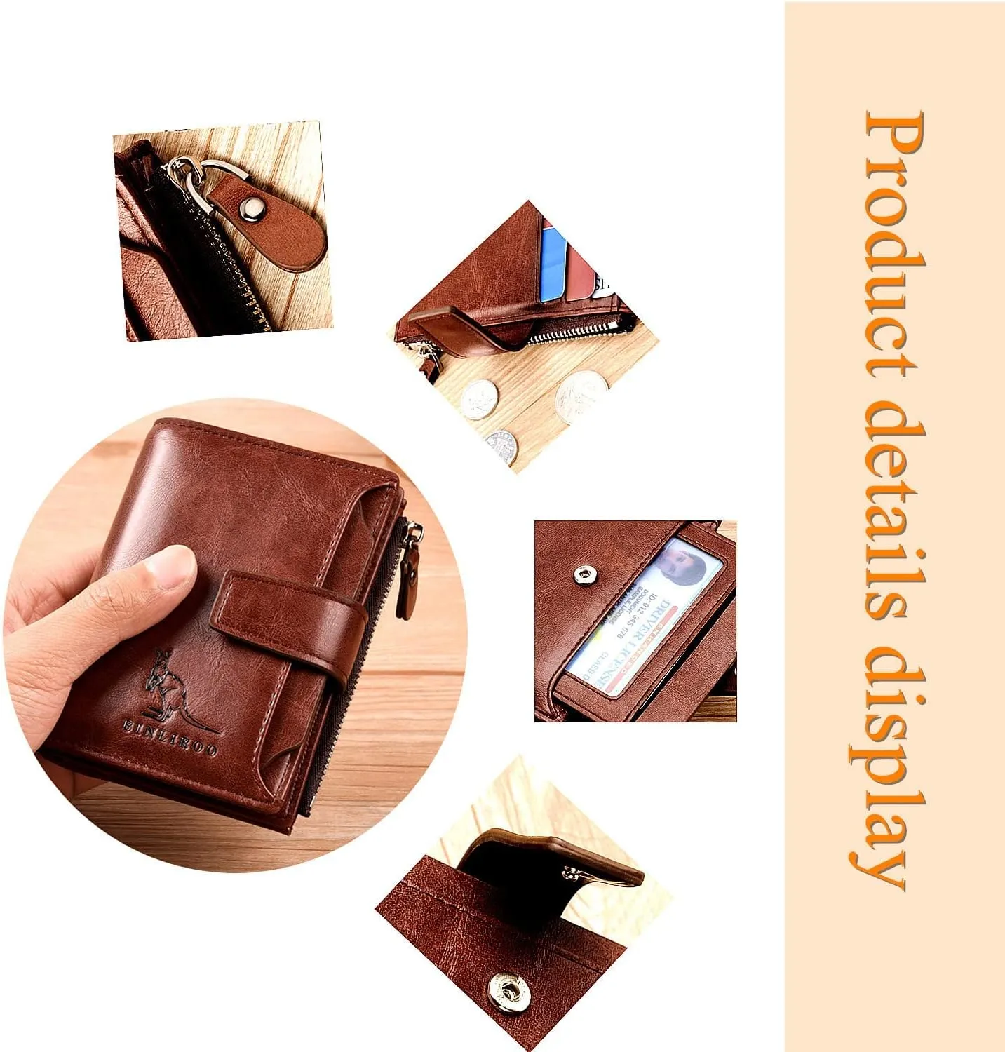 Leather Wallet for Men with zipper, RFID blocking bifold wallets with Separate ID Card window Cartera Para Hombre(Brown)