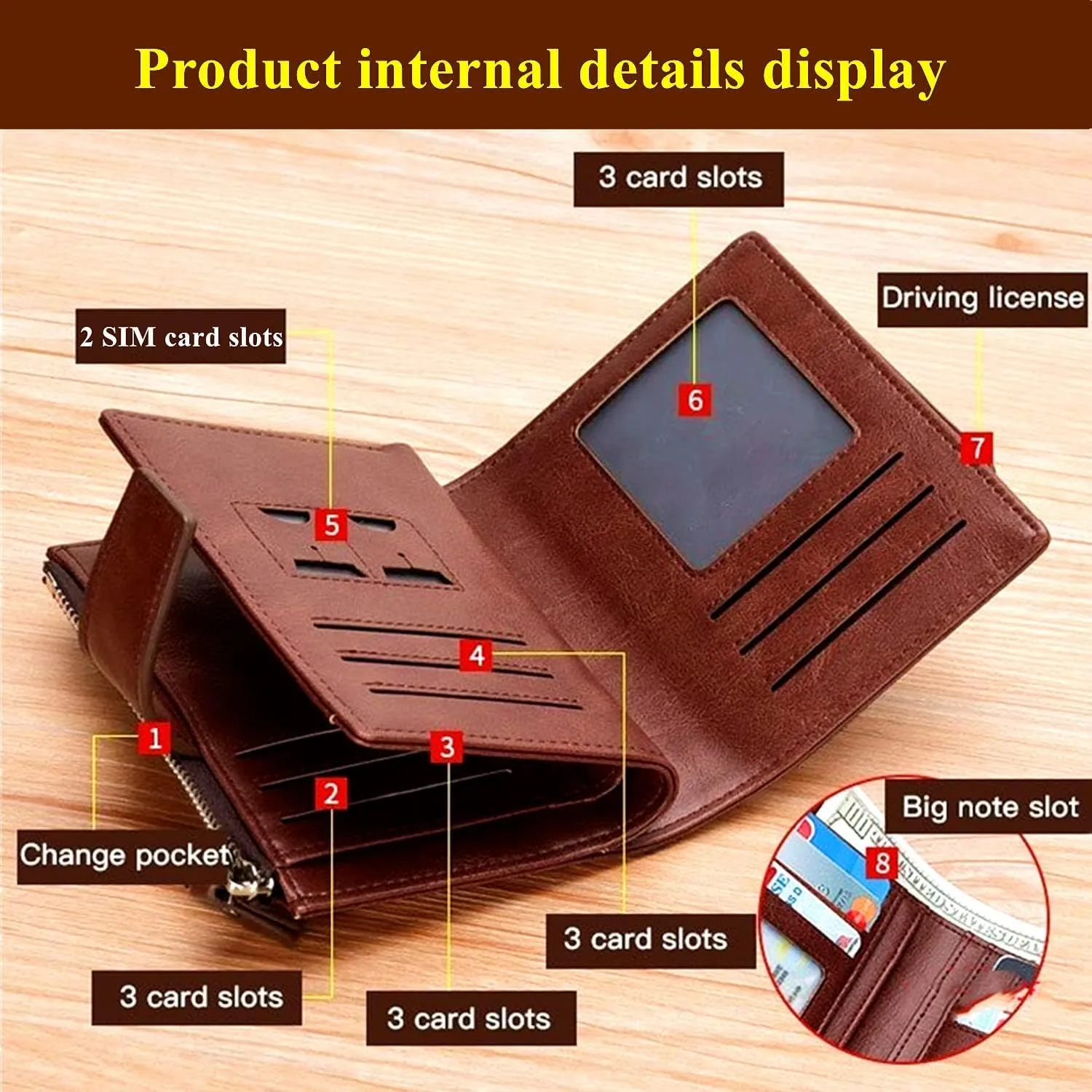 Leather Wallet for Men with zipper, RFID blocking bifold wallets with Separate ID Card window Cartera Para Hombre(Brown)