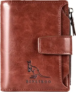 Leather Wallet for Men with zipper, RFID blocking bifold wallets with Separate ID Card window Cartera Para Hombre(Brown)