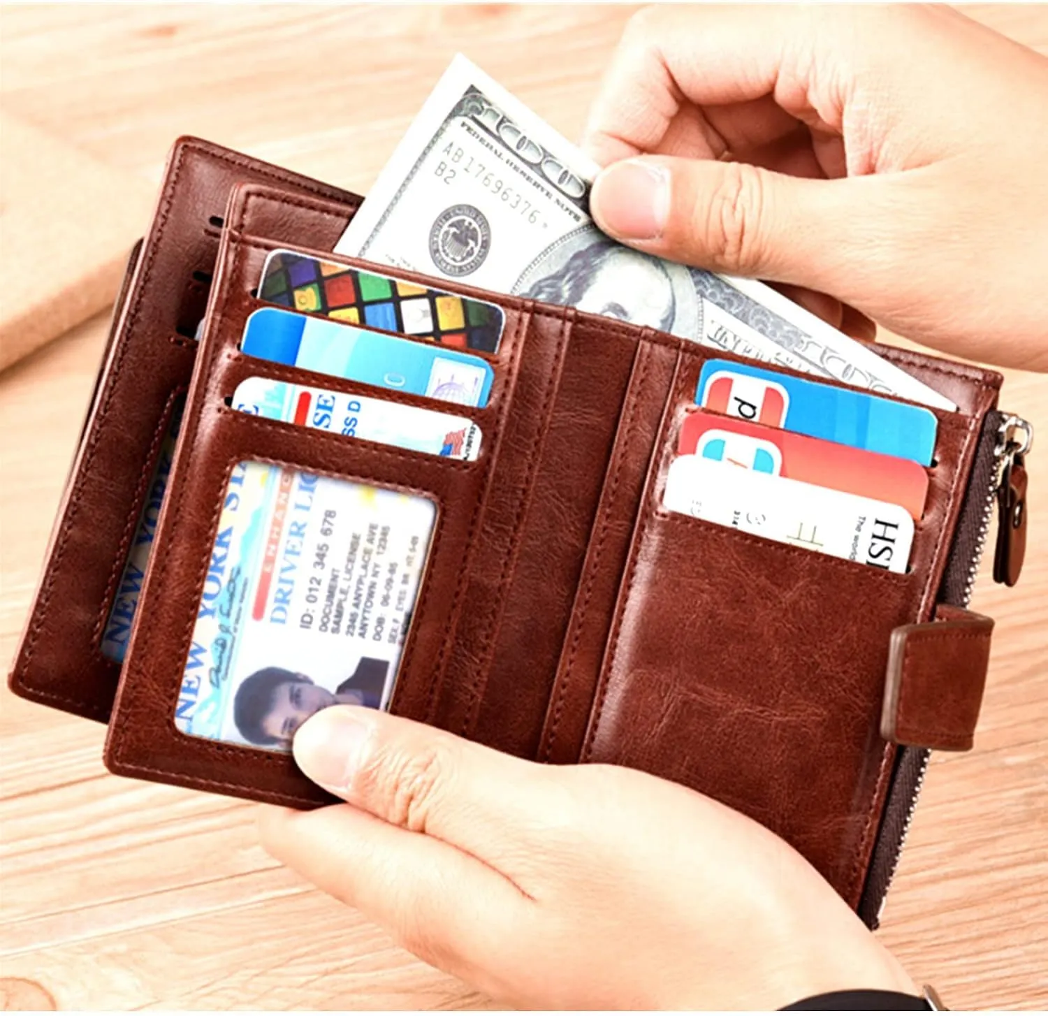Leather Wallet for Men with zipper, RFID blocking bifold wallets with Separate ID Card window Cartera Para Hombre(Brown)