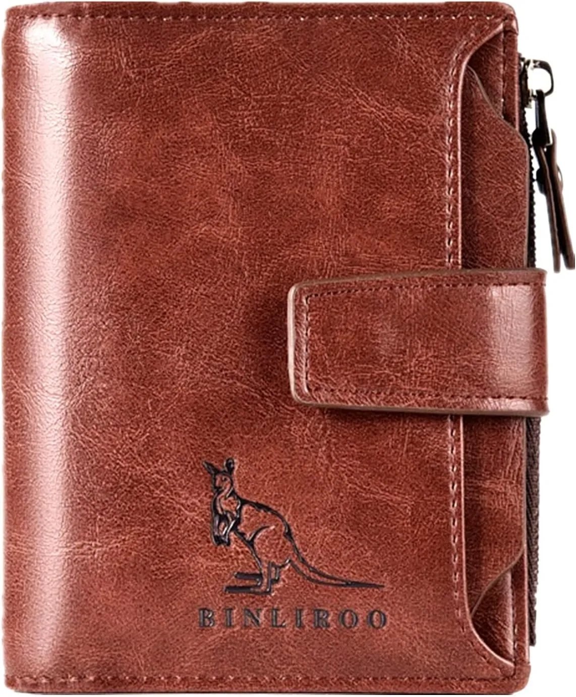 Leather Wallet for Men with zipper, RFID blocking bifold wallets with Separate ID Card window Cartera Para Hombre(Brown)