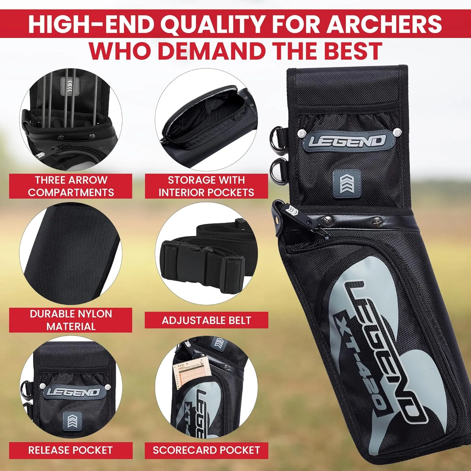 Legend XT420 Field Quiver - Left or Right-Handed Quiver Arrow Holder, Archery Quiver with 3 Arrow Tube, Durable Nylon Hip Quivers with Multiple Pockets for Archery Accessories, Score Card & Tools
