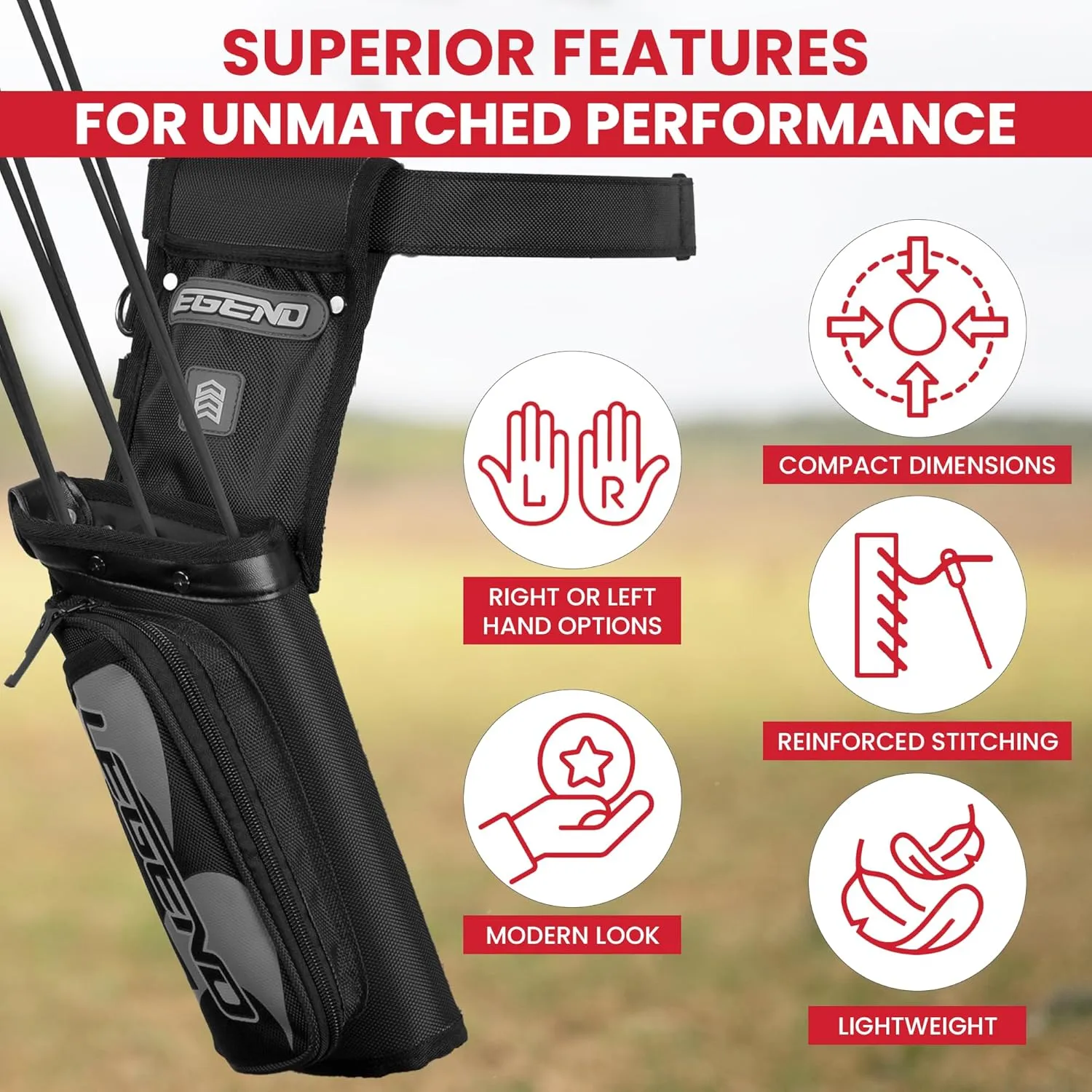 Legend XT420 Field Quiver - Left or Right-Handed Quiver Arrow Holder, Archery Quiver with 3 Arrow Tube, Durable Nylon Hip Quivers with Multiple Pockets for Archery Accessories, Score Card & Tools