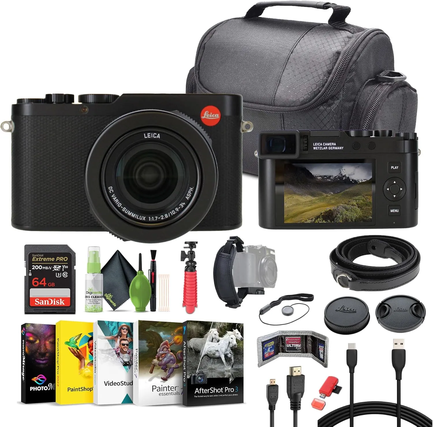 Leica D-Lux 8 Compact Digital Camera 17MP CMOS Sensor, 10.9-34mm f/1.7-2.8 Lens (19191) Bundle with 64GB Memory Card   Corel Photo, Video, & Art Suite Deluxe   Vlogging Tripod   More
