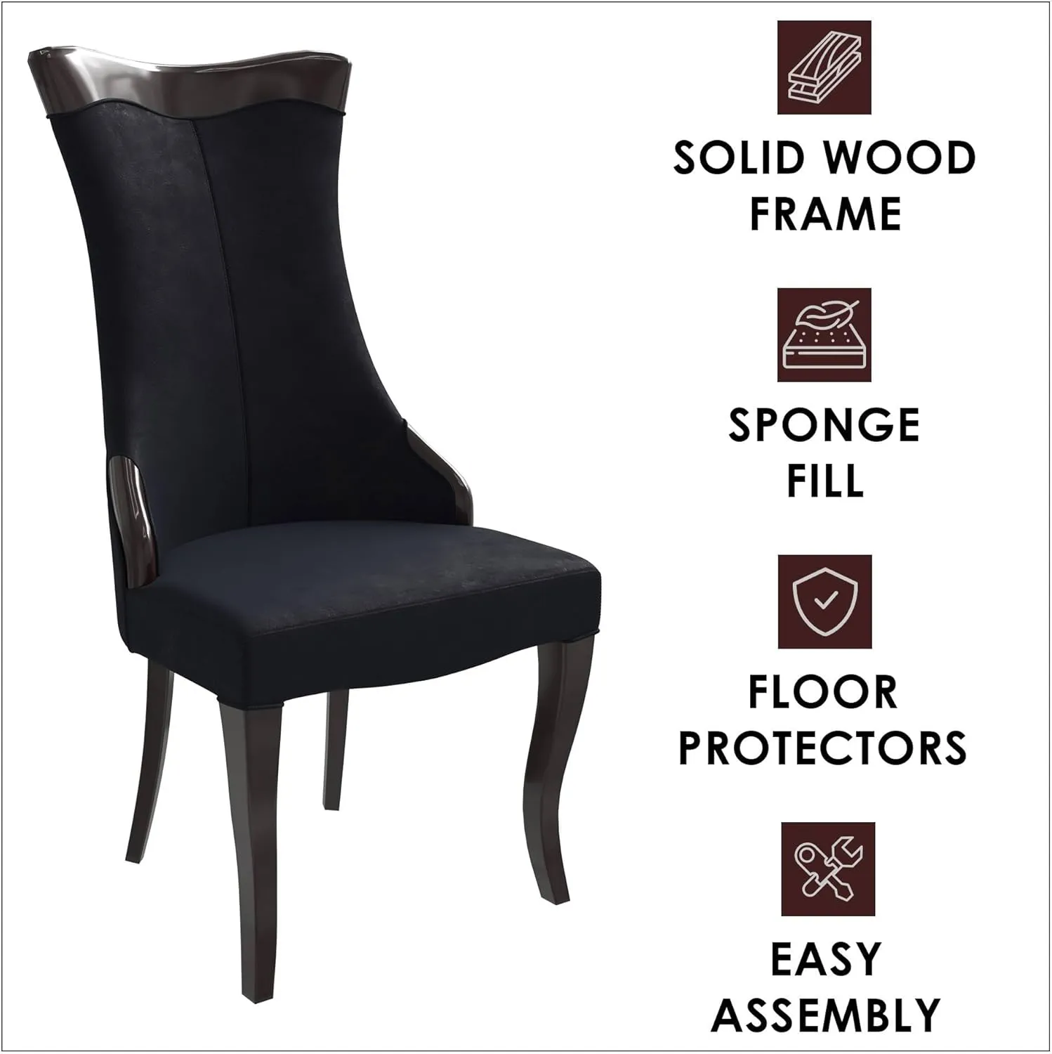 LeisureMod Modern Dining Chair Upholstered in Velvet Cozy Accent Kitchen with Rubberwood Legs Novara Series Set of 2 in Velvet Black