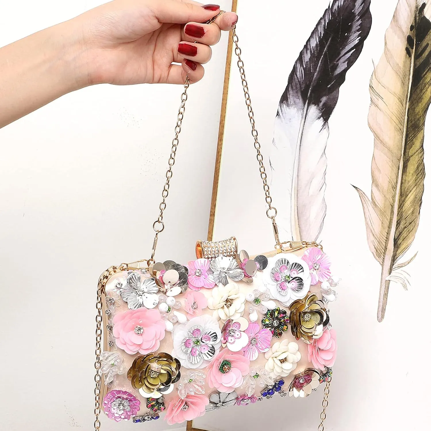 LETODE Flower Clutch Purse Evening Bag for Women Formal Party Handbag Chain Strap Shoulder Bag