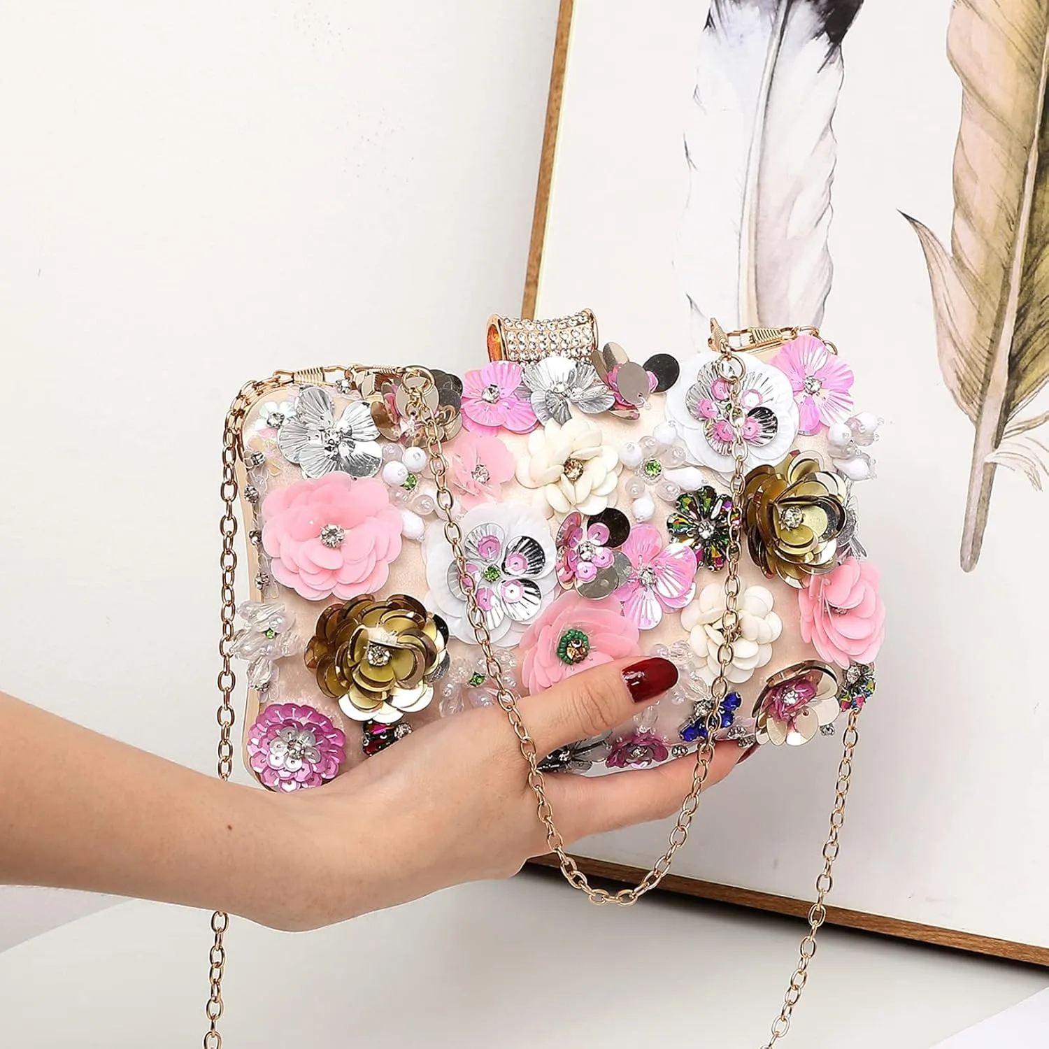 LETODE Flower Clutch Purse Evening Bag for Women Formal Party Handbag Chain Strap Shoulder Bag
