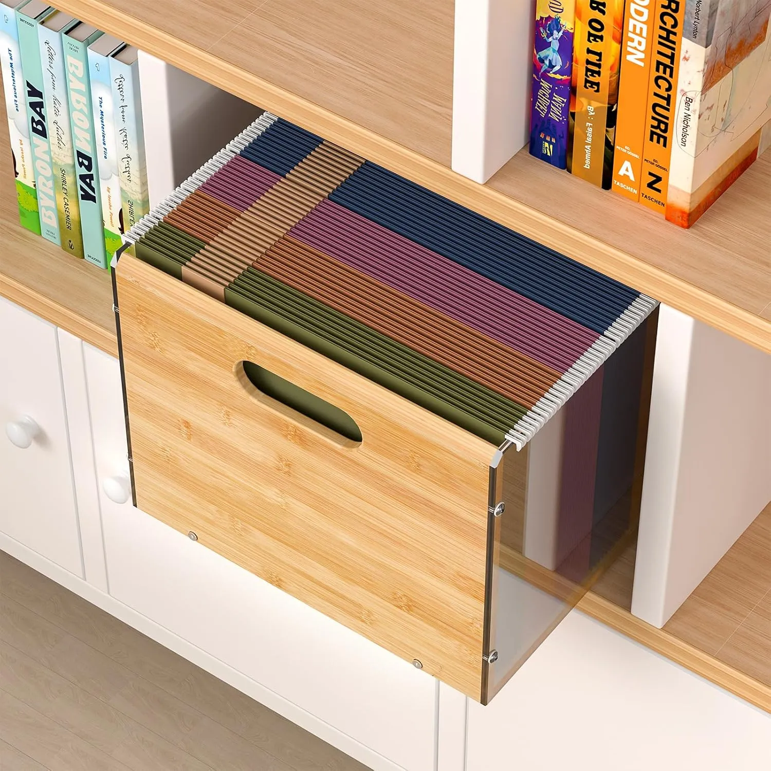 Letter/Legal Bamboo Acrylic File Box Organizer, Hanging File Folder Storage Boxes, Decorative Document Crate Transparent Filing Bin with Handle for Home Office Desk