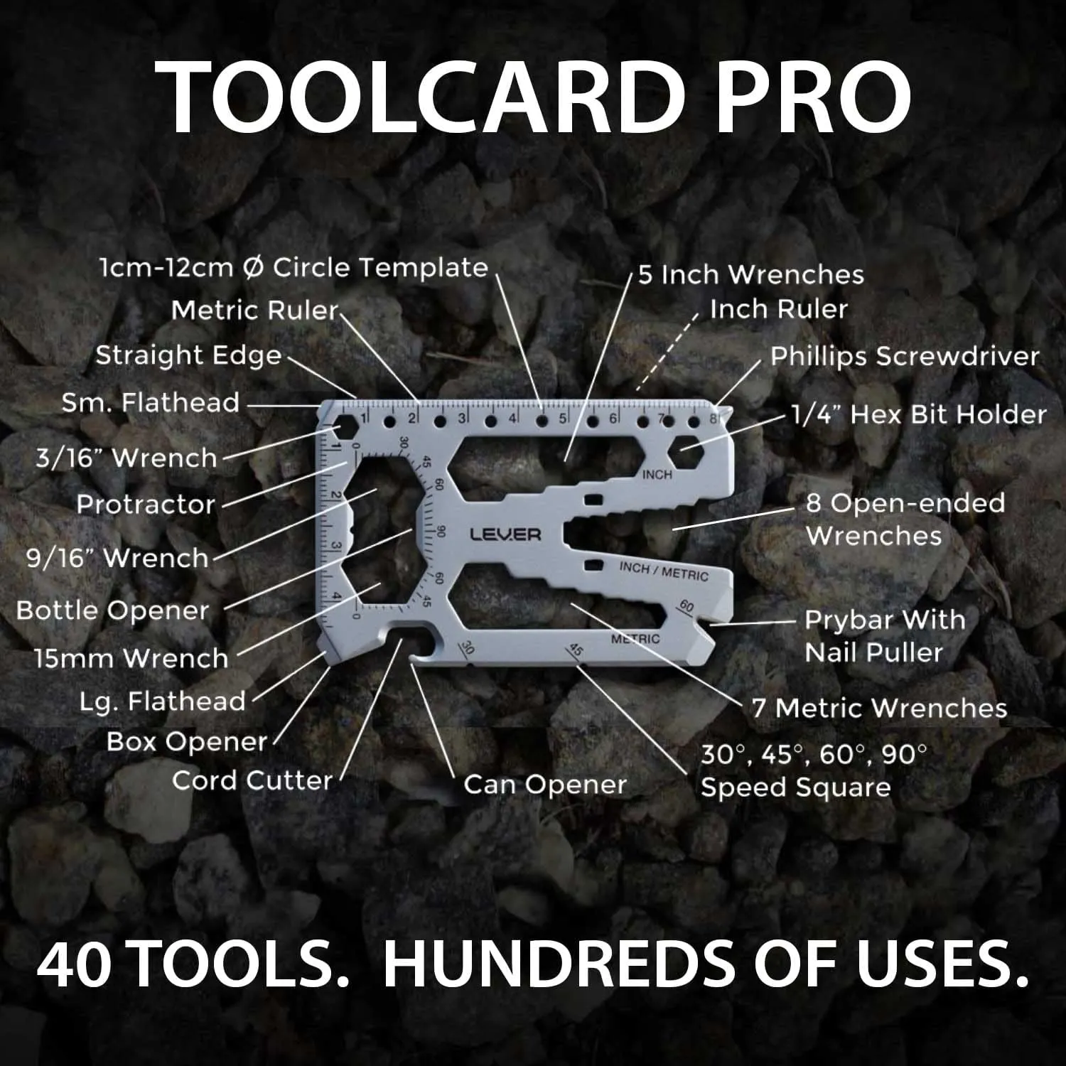 Lever Gear Toolcard Pro - 40 in 1 Credit Card Multitool. Slim, Minimalist Survival Card Wallet Tool Card. TSA Approved Multitool Card Pocket Tool. (Silver, Single)