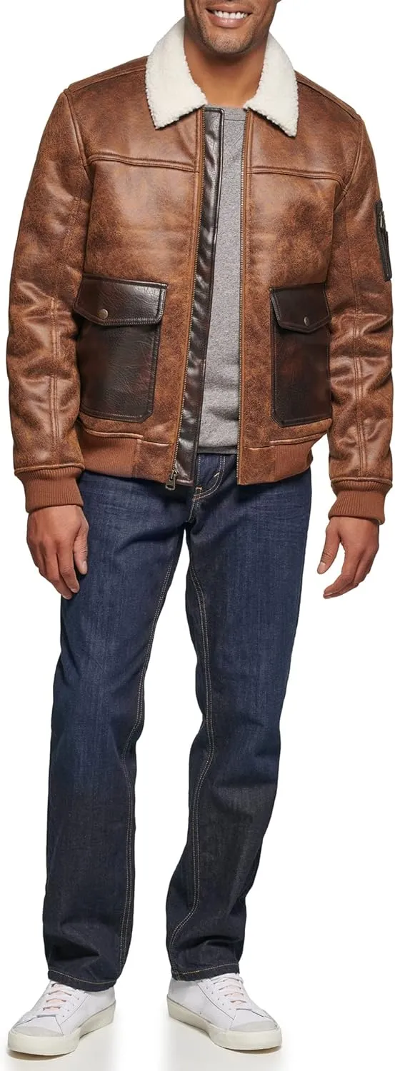 Levi's mens Faux Leather Aviator Bomber Jacket With Sherpa Lined Collar