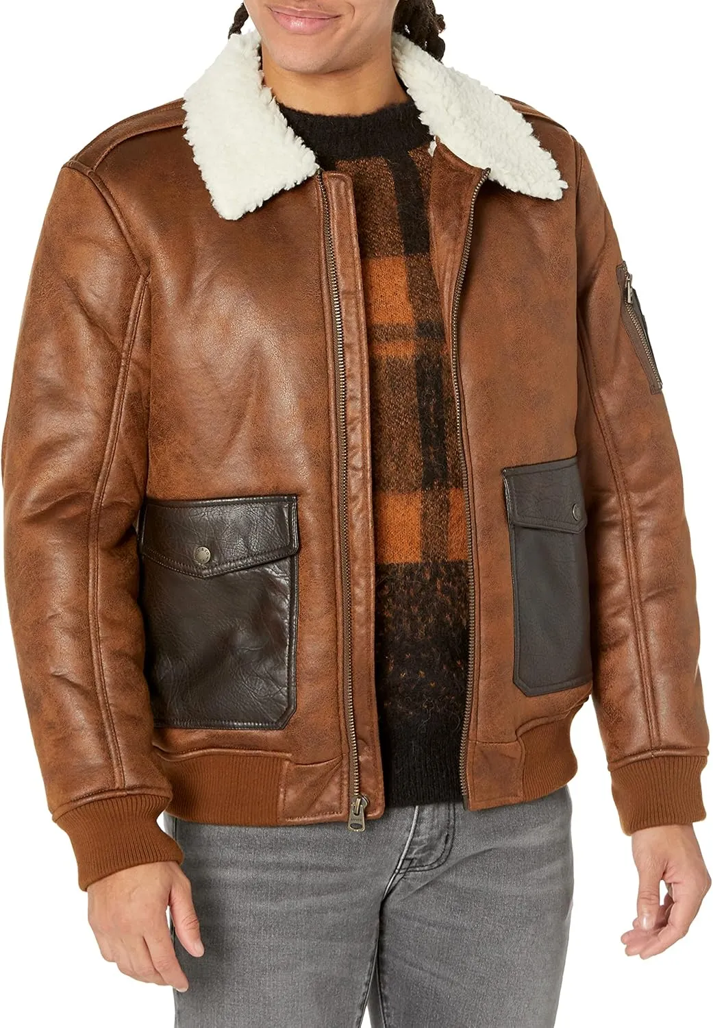 Levi's mens Faux Leather Aviator Bomber Jacket With Sherpa Lined Collar