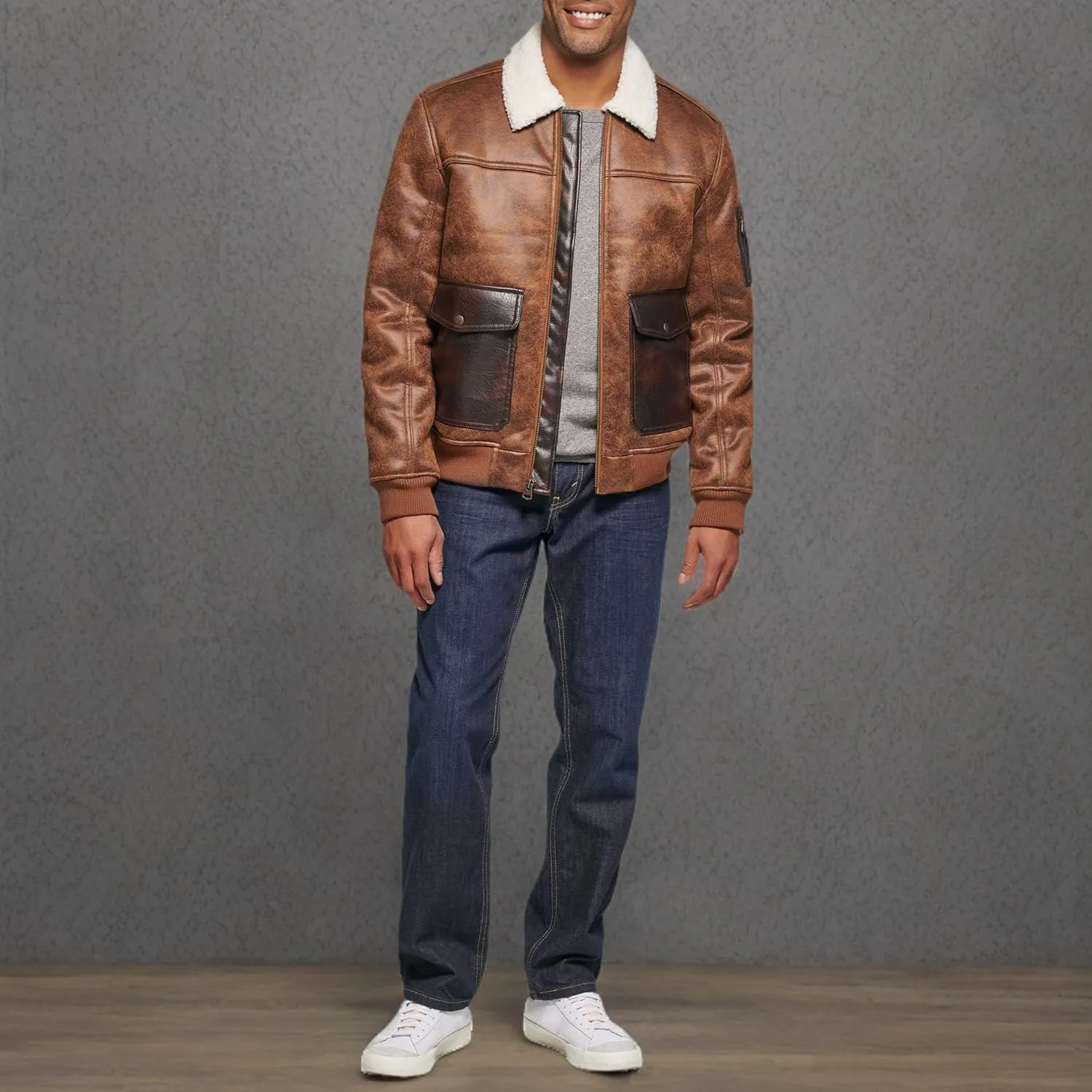 Levi's mens Faux Leather Aviator Bomber Jacket With Sherpa Lined Collar