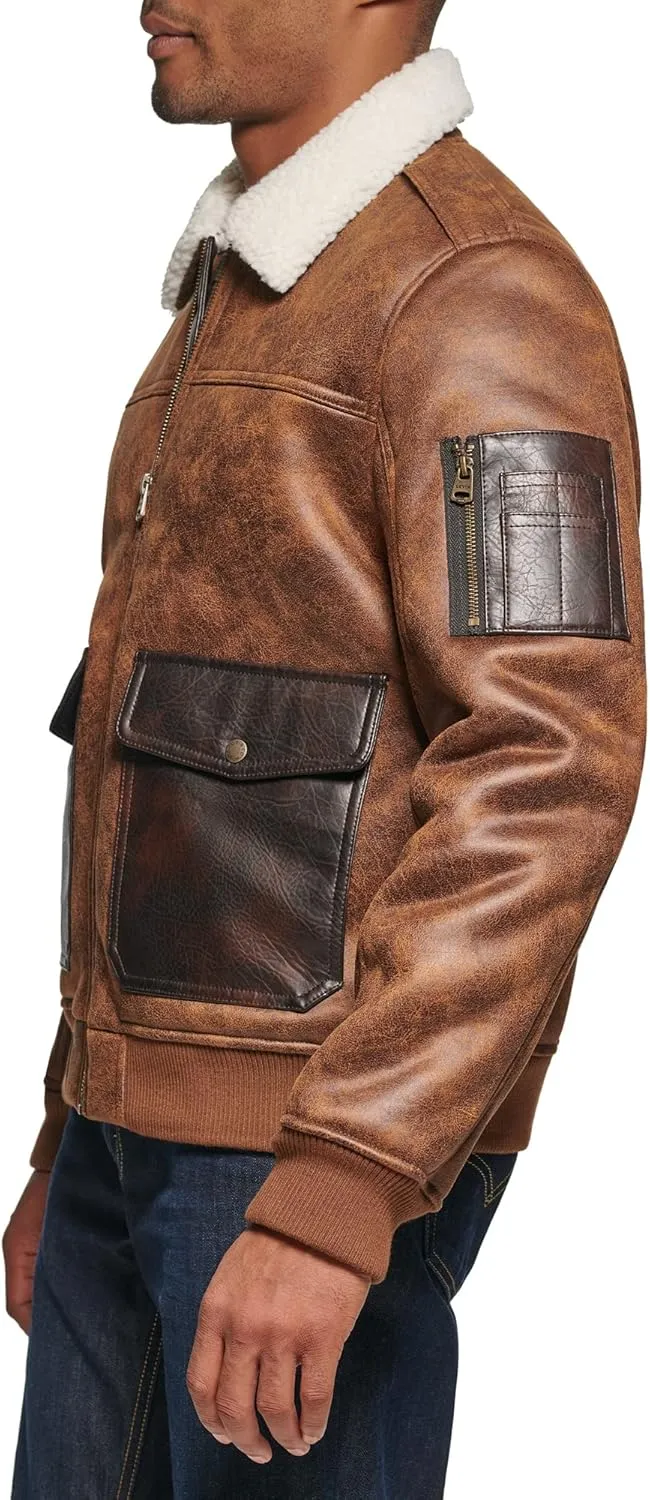 Levi's mens Faux Leather Aviator Bomber Jacket With Sherpa Lined Collar