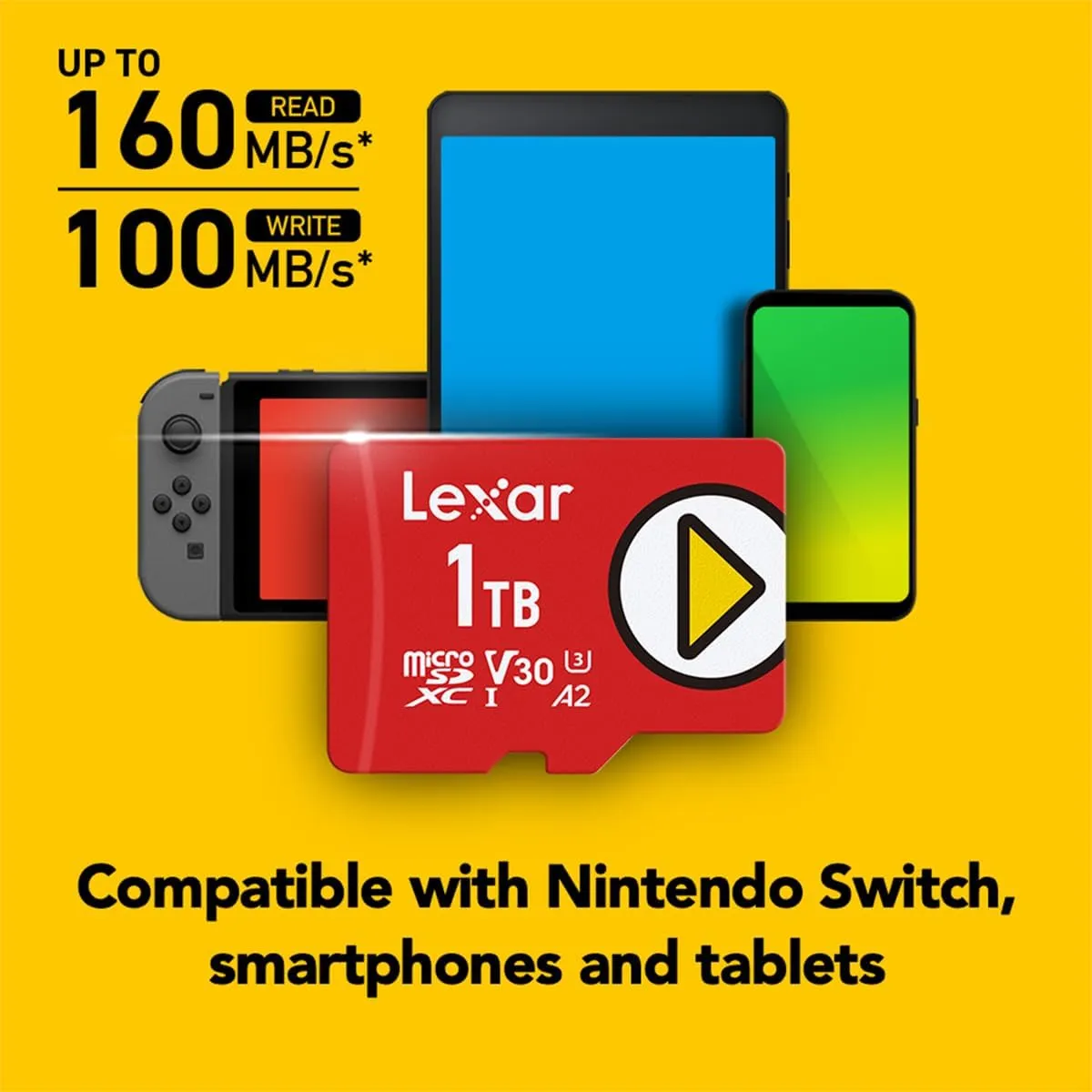 Lexar 1TB PLAY micro SD Card, UHS-I, C10, U3, V30, A2, Full HD, 4K, Up To 160/100 MB/s microSDXC Memory Card, Expanded Storage for Nintendo Switch, Gaming, Smartphones, Tablets (LMSPLAY001T-BNNNU)