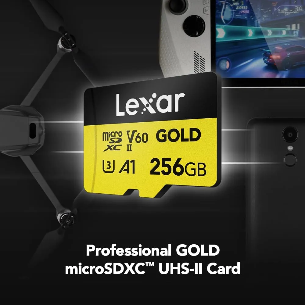 Lexar 256GB Professional Gold Micro SD Card, UHS-II, C10, U3, V60, A1, Full HD, 4K, Up to 280/180 MB/s microSDXC Memory Card, for Drones, Action Cameras, Portable Gaming Devices (LMSGOLD256G-BNNNG)