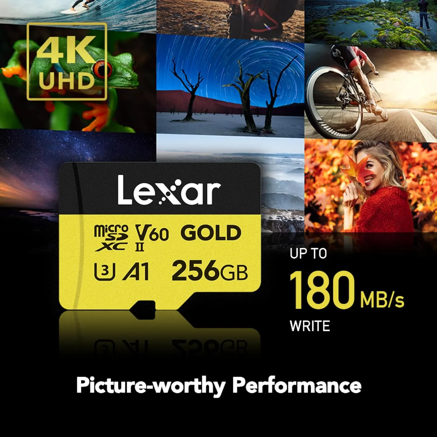 Lexar 256GB Professional Gold Micro SD Card, UHS-II, C10, U3, V60, A1, Full HD, 4K, Up to 280/180 MB/s microSDXC Memory Card, for Drones, Action Cameras, Portable Gaming Devices (LMSGOLD256G-BNNNG)