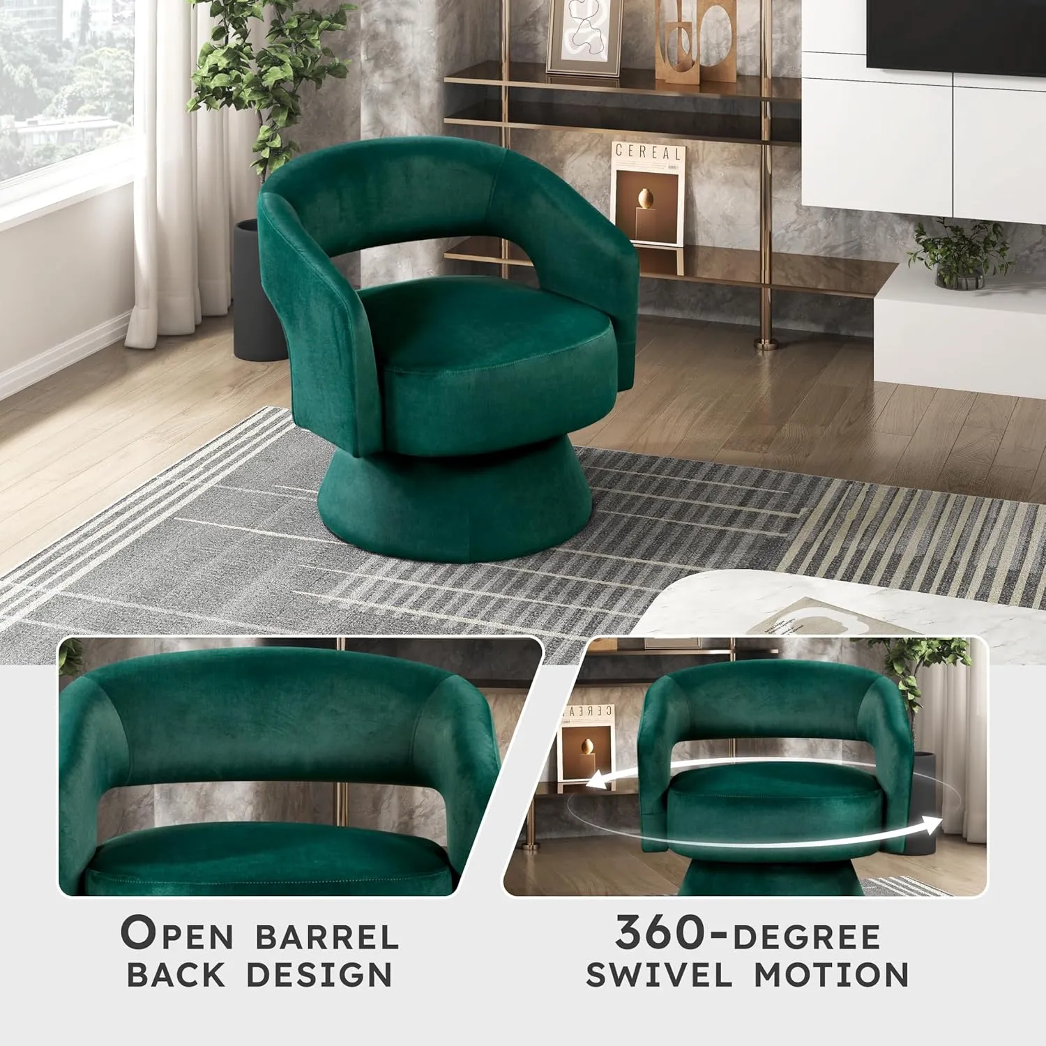 Lexicon 360 Degree Swivel Accent Chair Arm Chair, Modern Comfy Velvet Barrel Chair, Open Back Round Chair with Metal Swivel Base, Club Armchair for Living Room/Bedroom/Office, Green