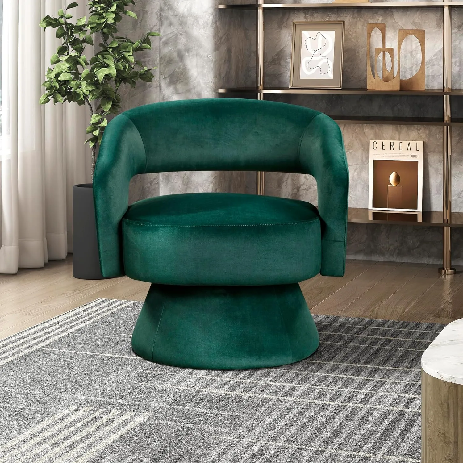 Lexicon 360 Degree Swivel Accent Chair Arm Chair, Modern Comfy Velvet Barrel Chair, Open Back Round Chair with Metal Swivel Base, Club Armchair for Living Room/Bedroom/Office, Green