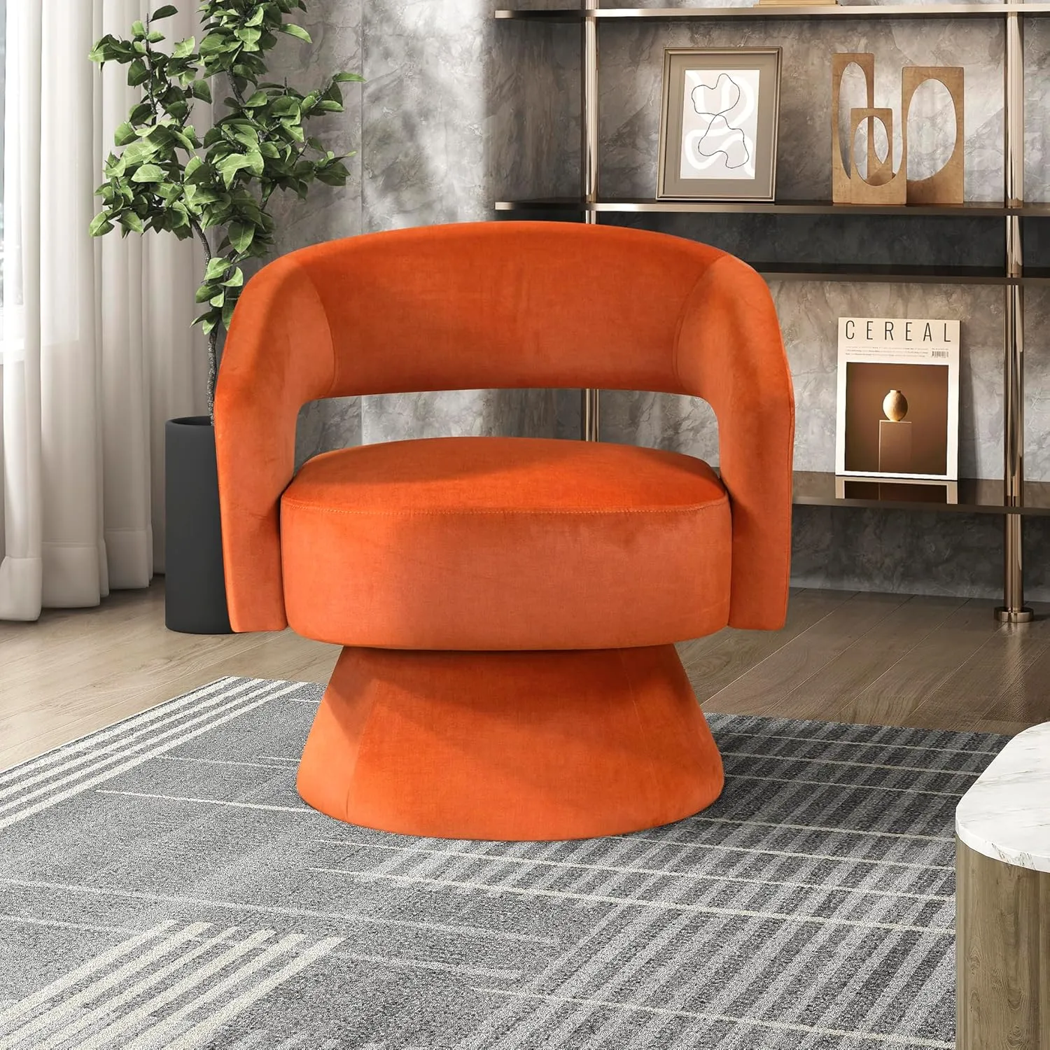 Lexicon 360 Degree Swivel Accent Chair Arm Chair, Modern Comfy Velvet Barrel Chair, Open Back Round Chair with Metal Swivel Base, Club Armchair for Living Room/Bedroom/Office, Orange