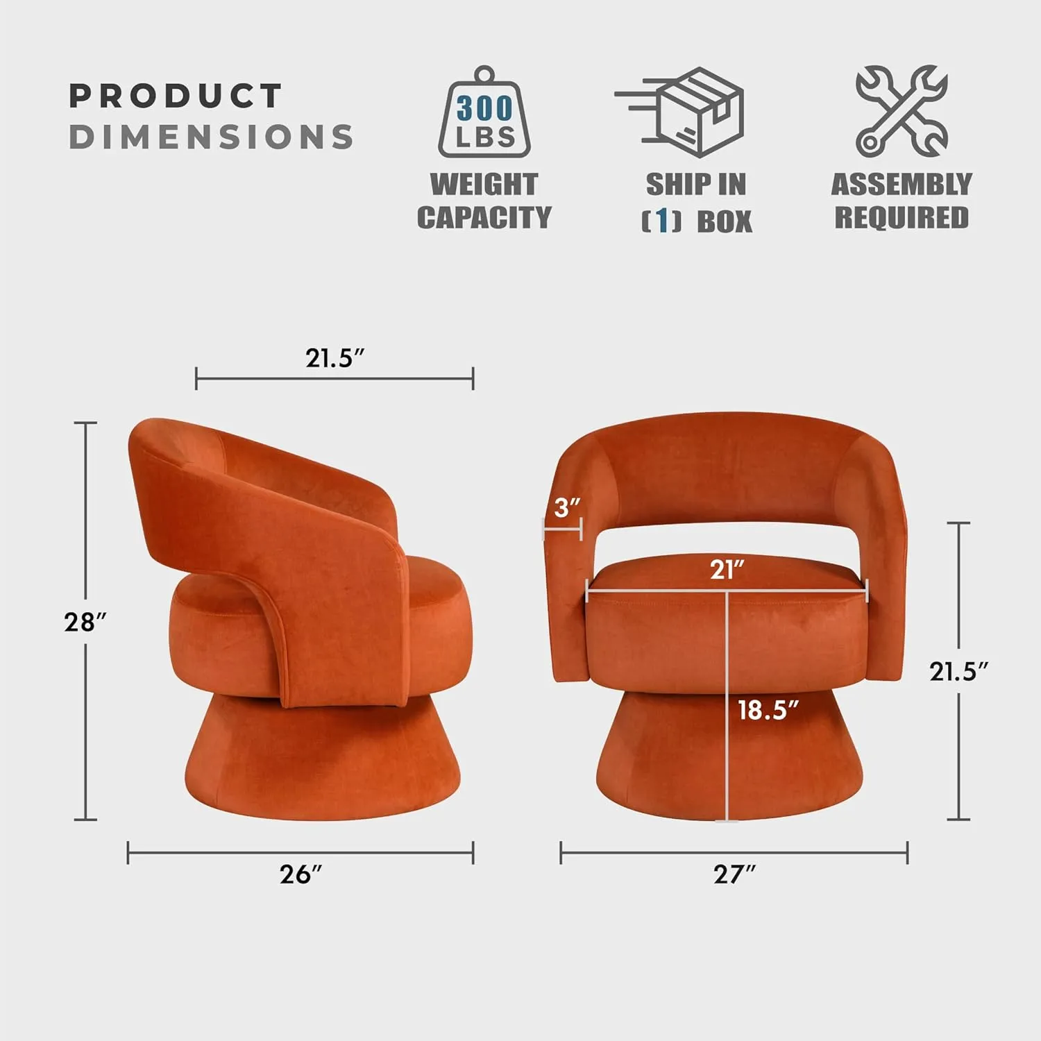 Lexicon 360 Degree Swivel Accent Chair Arm Chair, Modern Comfy Velvet Barrel Chair, Open Back Round Chair with Metal Swivel Base, Club Armchair for Living Room/Bedroom/Office, Orange