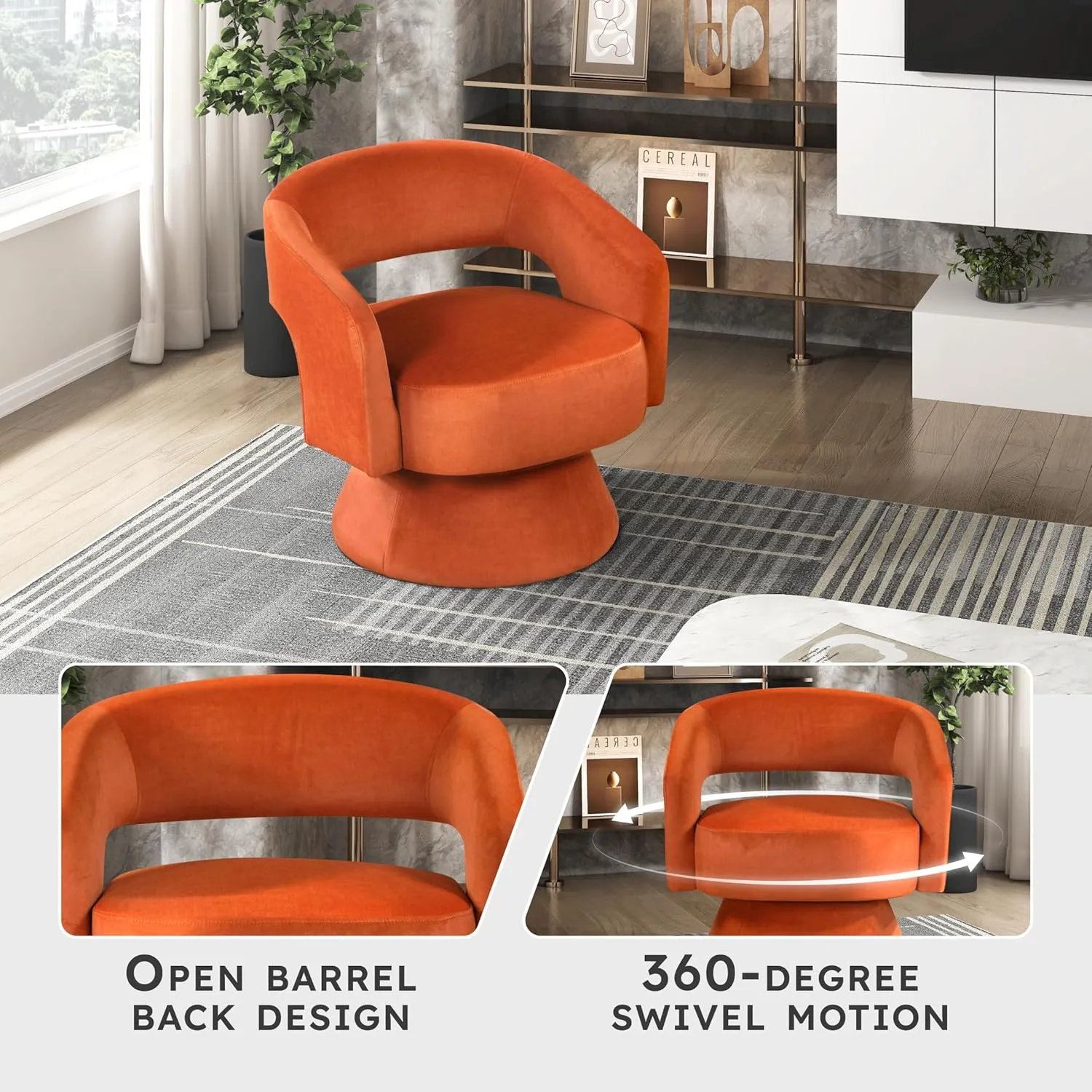 Lexicon 360 Degree Swivel Accent Chair Arm Chair, Modern Comfy Velvet Barrel Chair, Open Back Round Chair with Metal Swivel Base, Club Armchair for Living Room/Bedroom/Office, Orange