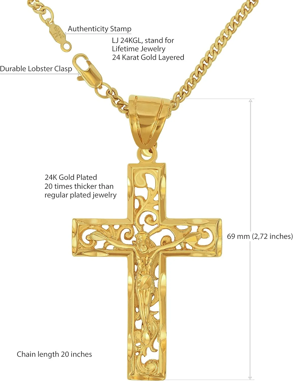 LIFETIME JEWELRY Large Filigree Crucifix Cross Necklace for Men & Women 24k Gold Plated