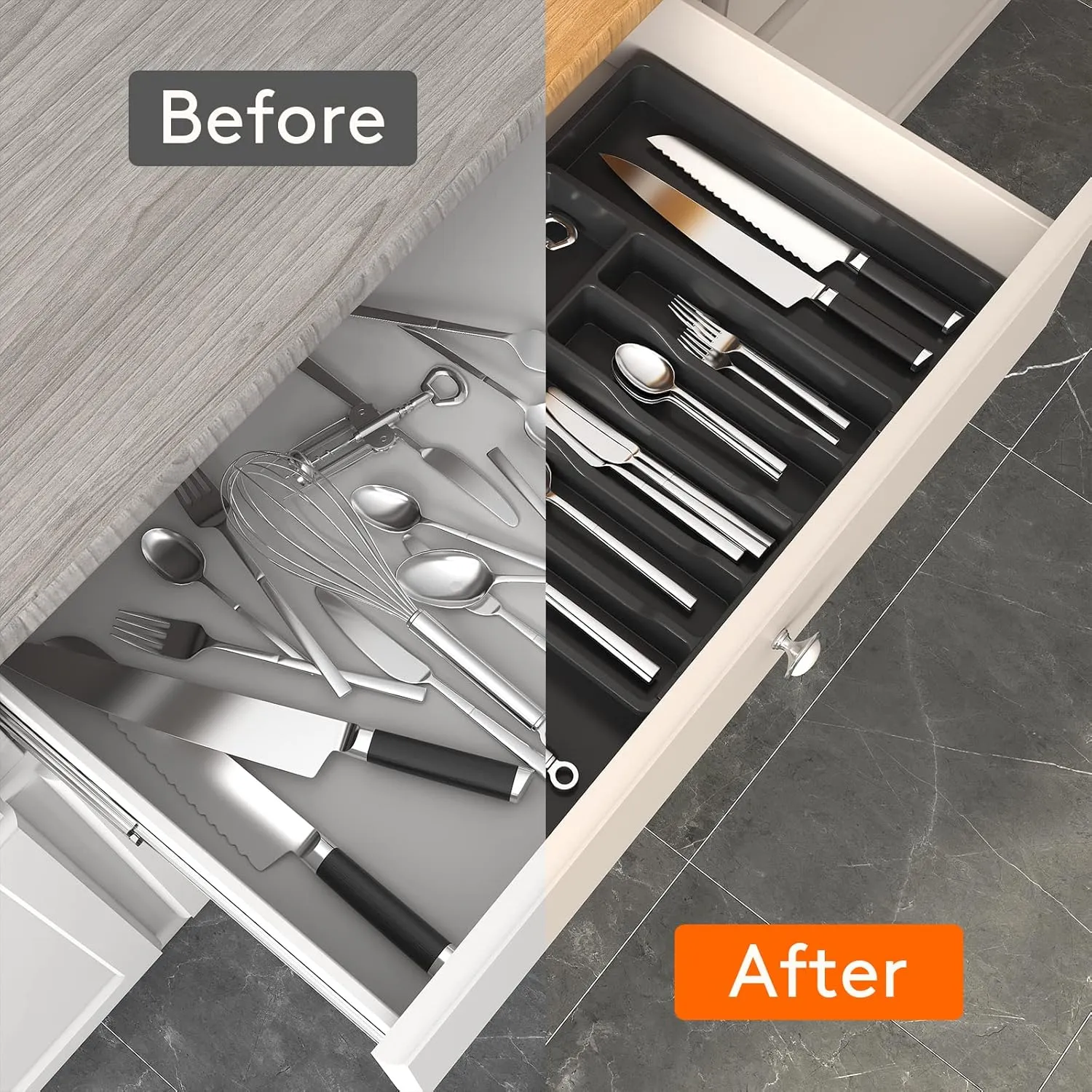 Lifewit Silverware Drawer Organizer, Expandable Utensil Tray for Kitchen, BPA Free Flatware and Cutlery Holder, Adjustable Plastic Storage for Spoons Forks Knives, 2 Pack, Black