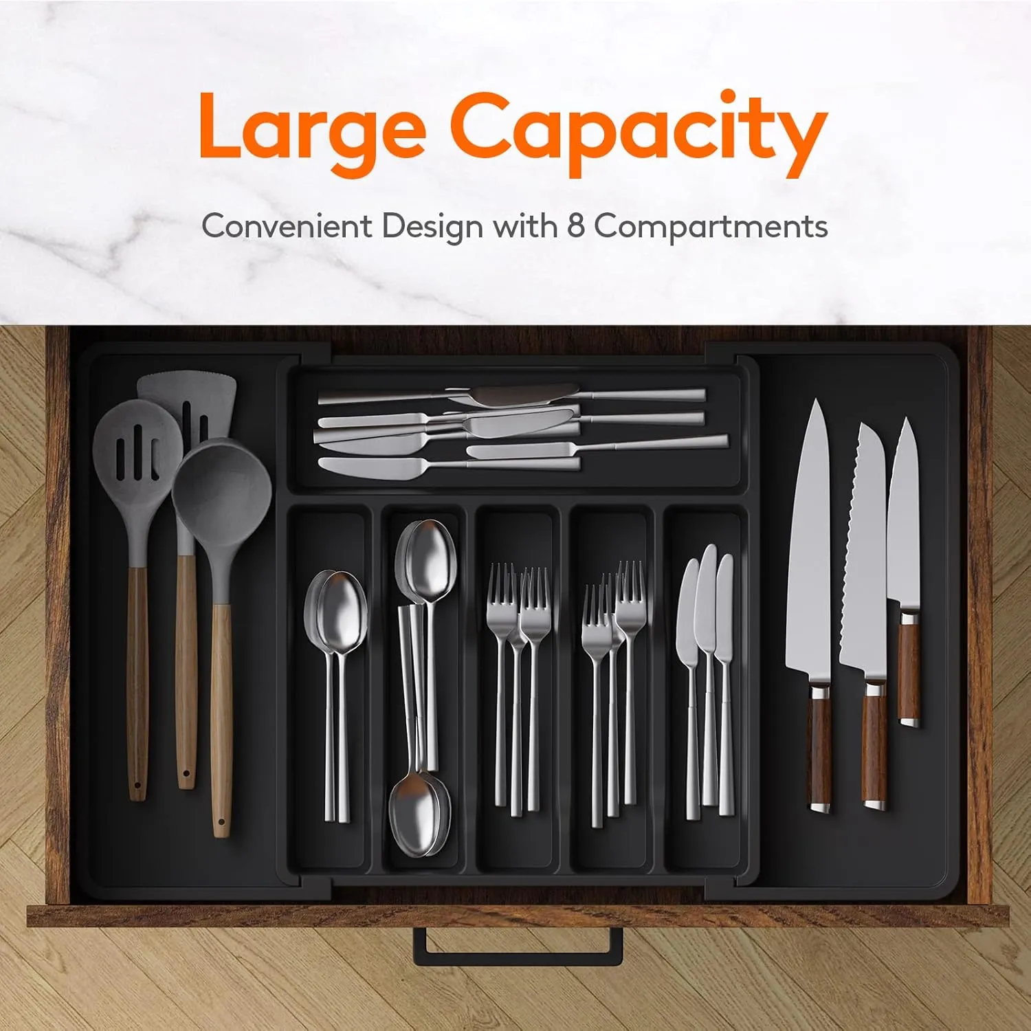 Lifewit Silverware Drawer Organizer, Expandable Utensil Tray for Kitchen, BPA Free Flatware and Cutlery Holder, Adjustable Plastic Storage for Spoons Forks Knives, 2 Pack, Black