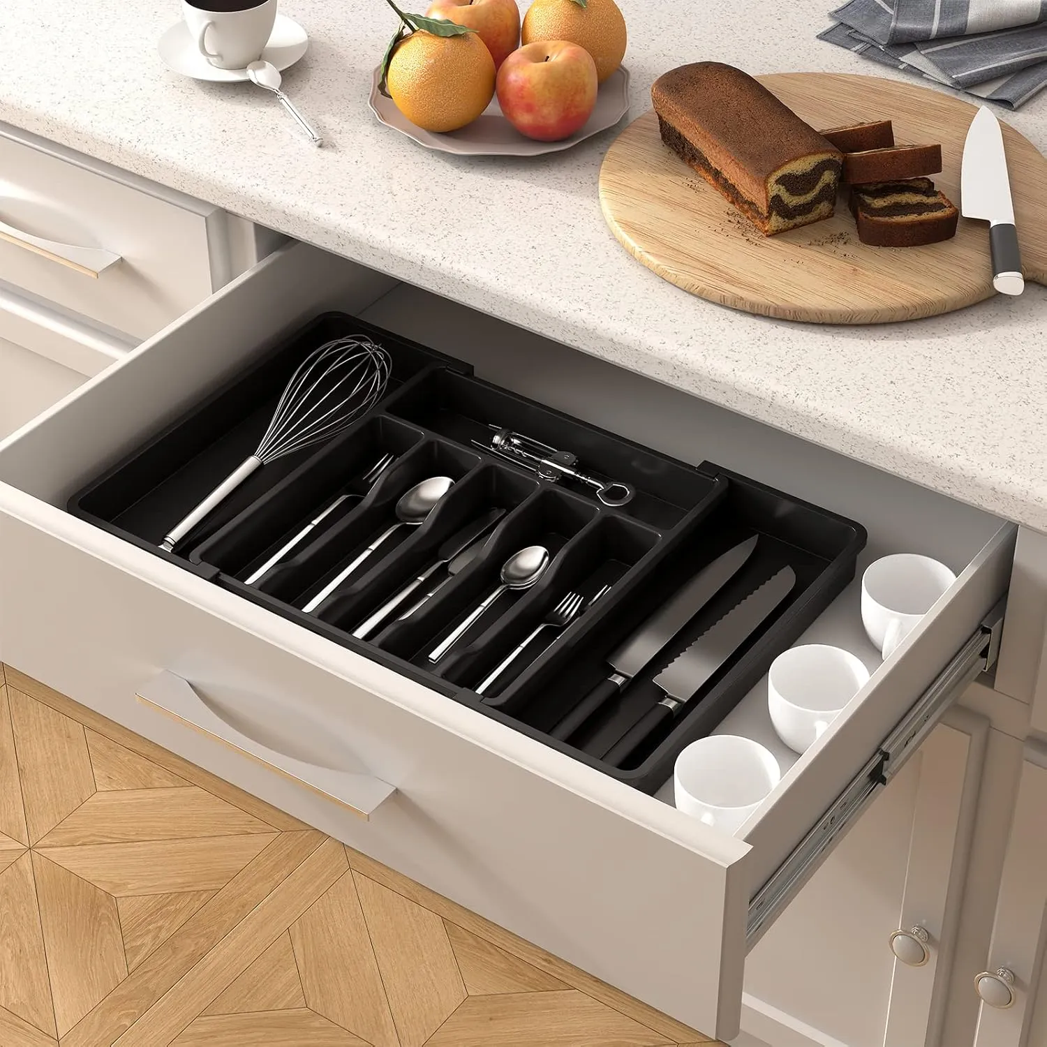 Lifewit Silverware Drawer Organizer, Expandable Utensil Tray for Kitchen, BPA Free Flatware and Cutlery Holder, Adjustable Plastic Storage for Spoons Forks Knives, 2 Pack, Black