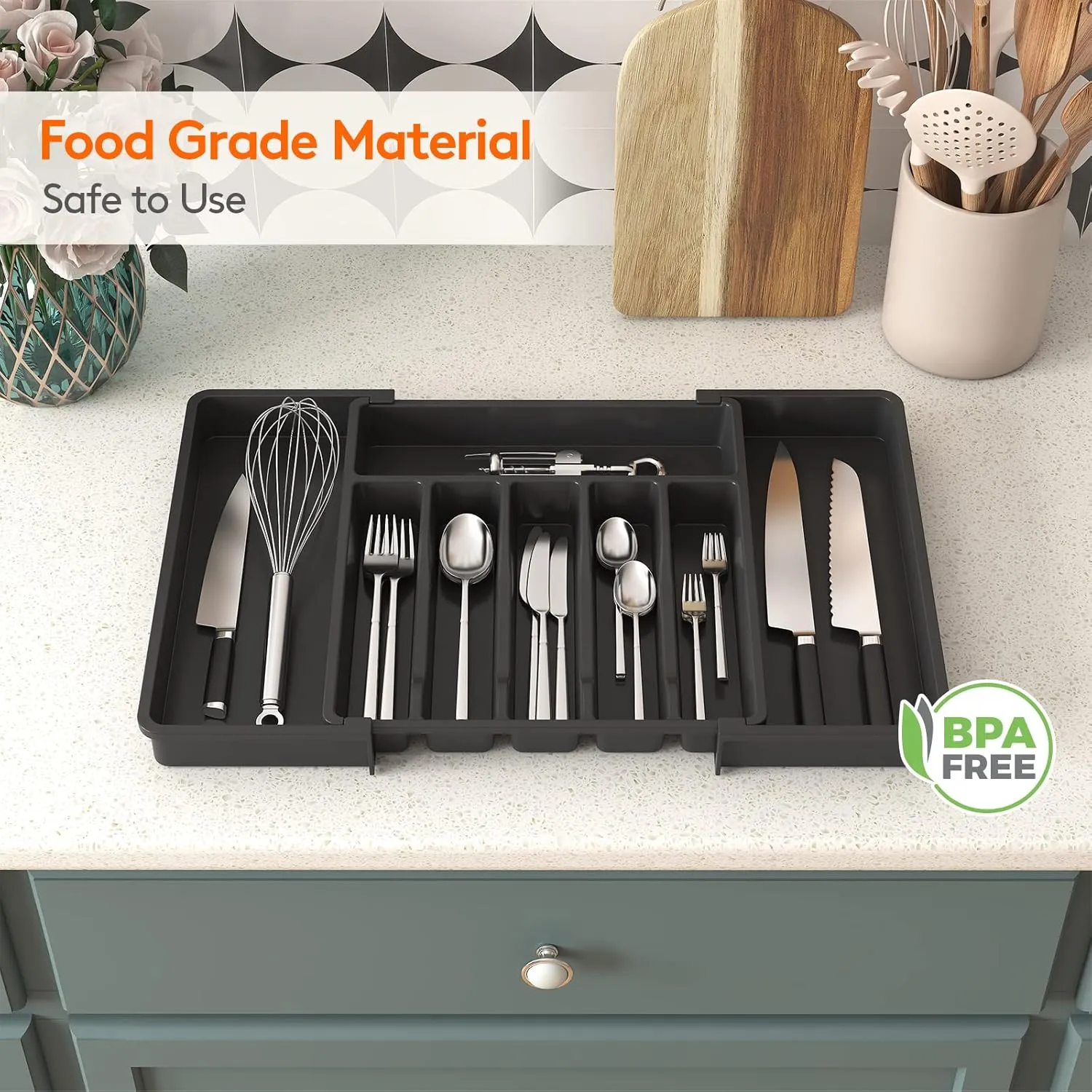Lifewit Silverware Drawer Organizer, Expandable Utensil Tray for Kitchen, BPA Free Flatware and Cutlery Holder, Adjustable Plastic Storage for Spoons Forks Knives, 2 Pack, Black
