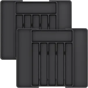 Lifewit Silverware Drawer Organizer, Expandable Utensil Tray for Kitchen, BPA Free Flatware and Cutlery Holder, Adjustable Plastic Storage for Spoons Forks Knives, 2 Pack, Black