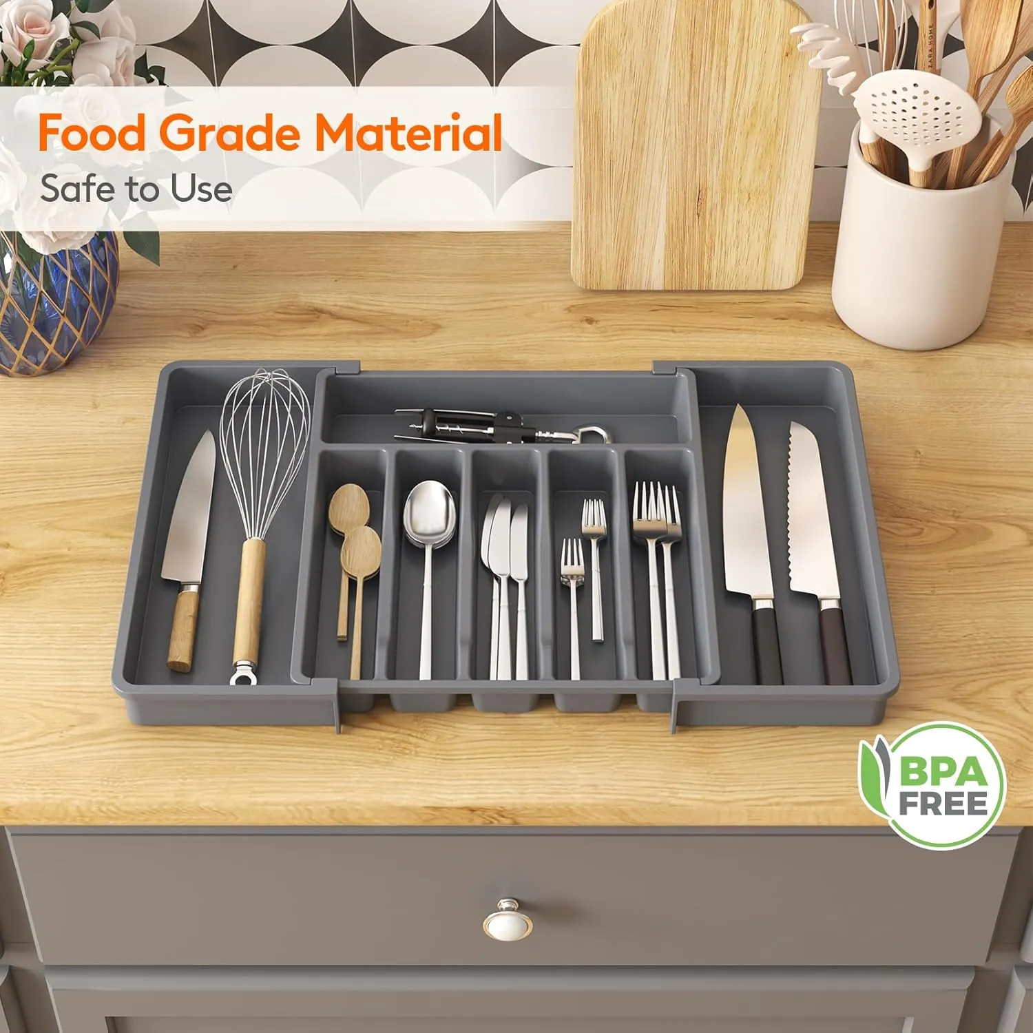 Lifewit Silverware Drawer Organizer, Expandable Utensil Tray for Kitchen, BPA Free Flatware and Cutlery Holder, Adjustable Plastic Storage for Spoons Forks Knives, Large, Dark Gray