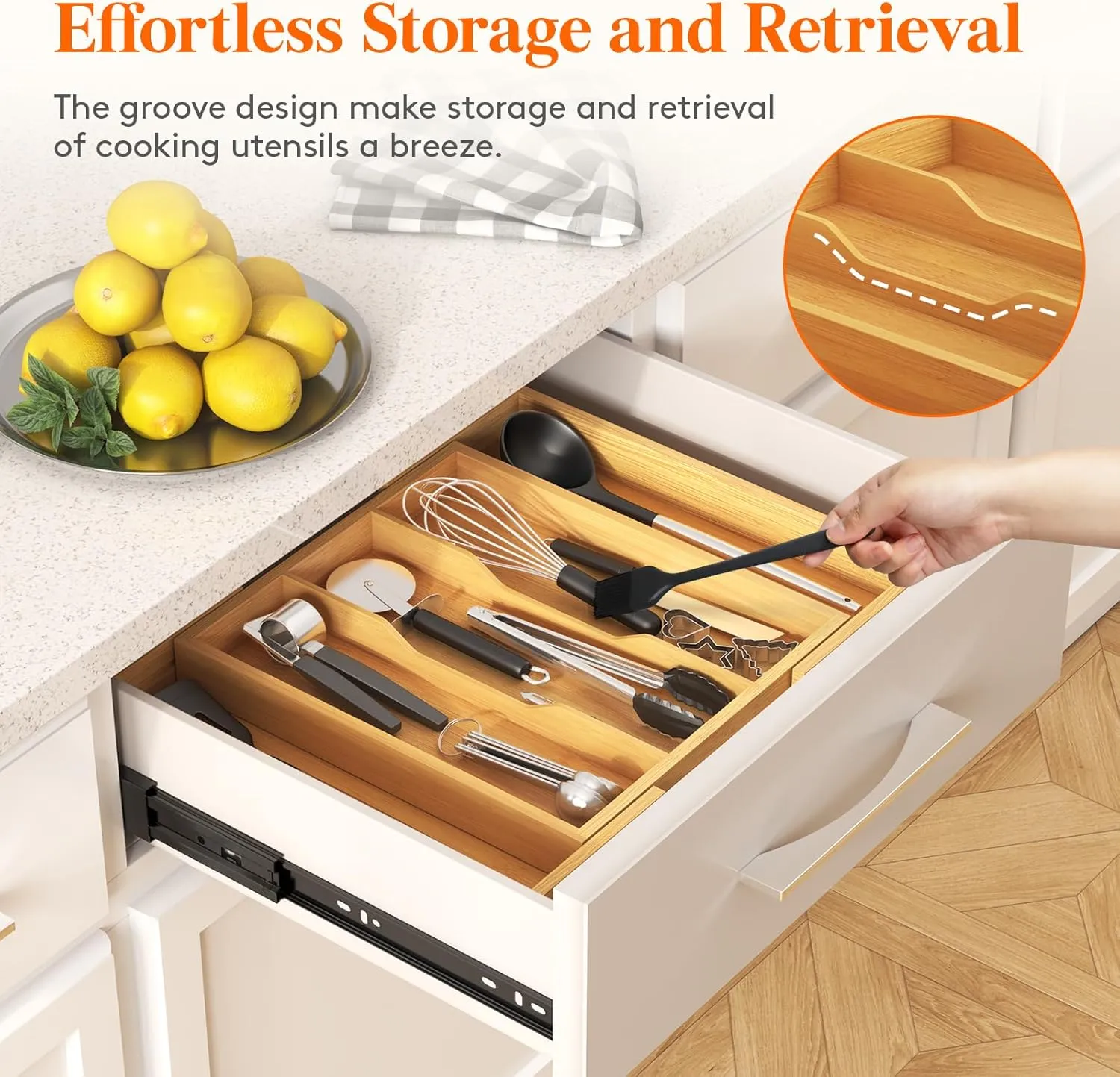 Lifewit Utensil Organizer for Kitchen Drawer, Expandable Cooking Utensil Tray, Bamboo Cutlery Silverware Flatware Holder, Adjustable Spatula Tools and Gadgets Storage Divider, Large, Natural