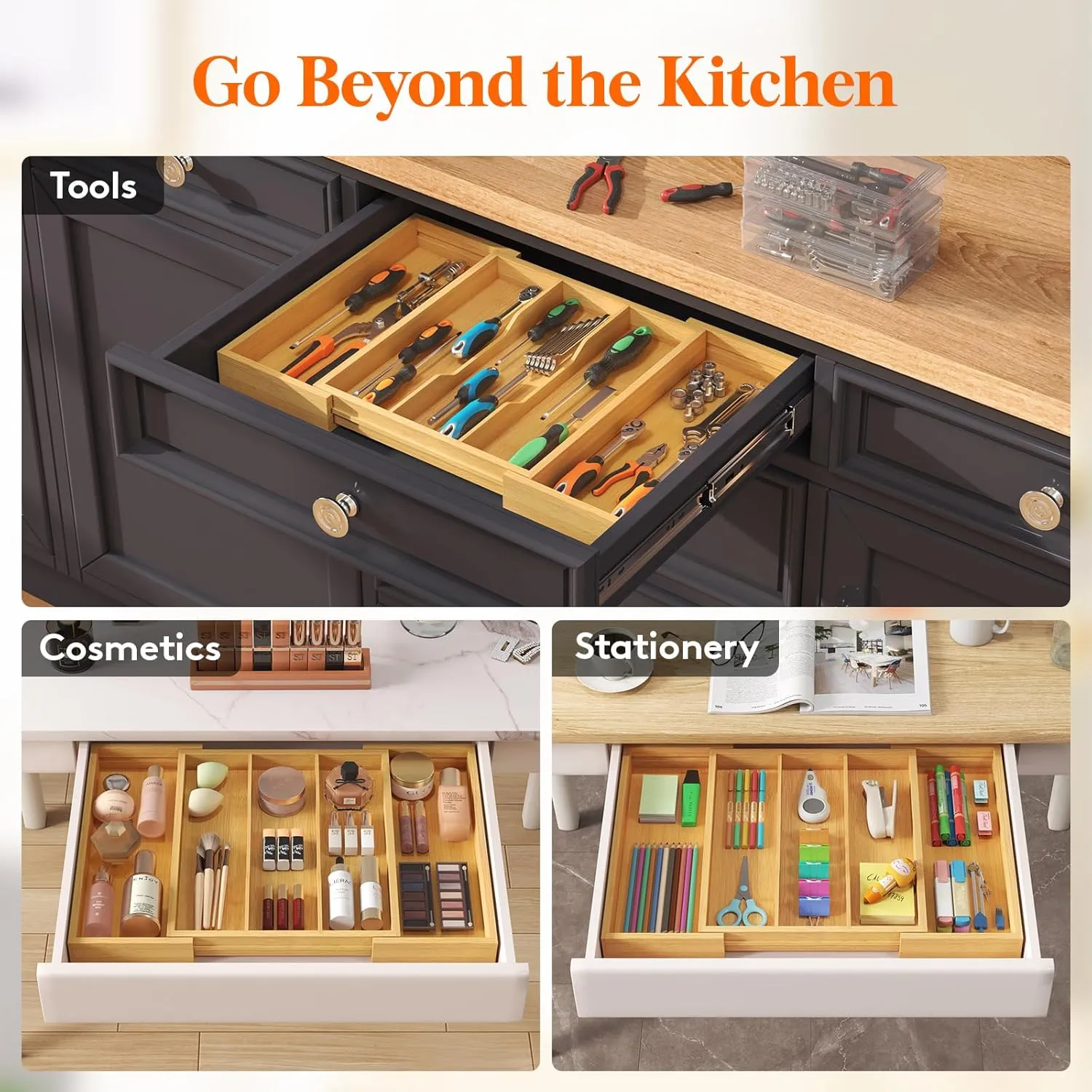 Lifewit Utensil Organizer for Kitchen Drawer, Expandable Cooking Utensil Tray, Bamboo Cutlery Silverware Flatware Holder, Adjustable Spatula Tools and Gadgets Storage Divider, Large, Natural
