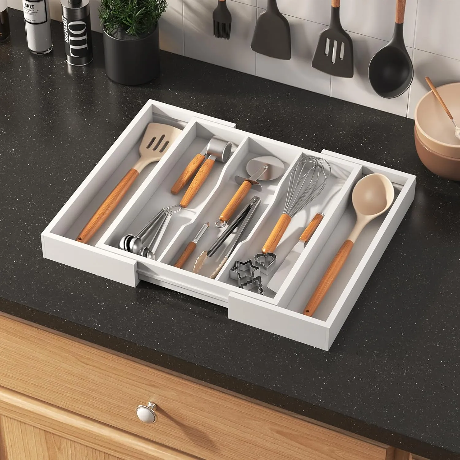Lifewit Utensil Organizer for Kitchen Drawer, Expandable Cooking Utensil Tray, Bamboo Cutlery Silverware Flatware Holder, Adjustable Spatula Tools and Gadgets Storage Divider, Large, White
